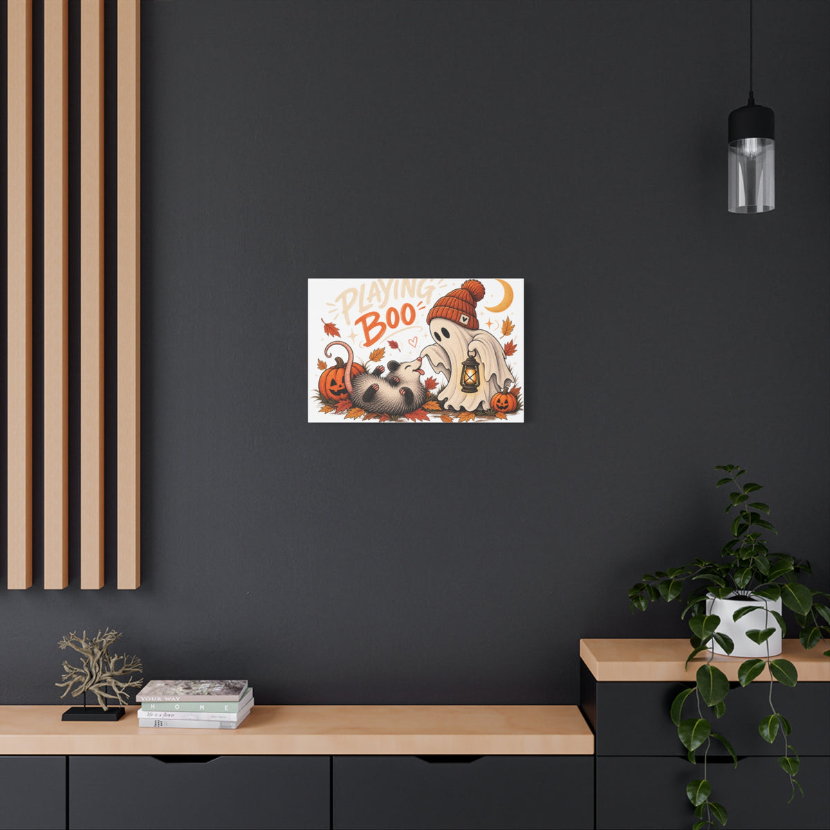 Playing Boo Canvas Wall Art — Cute Halloween Ghost & Possum Matte Stretched Print