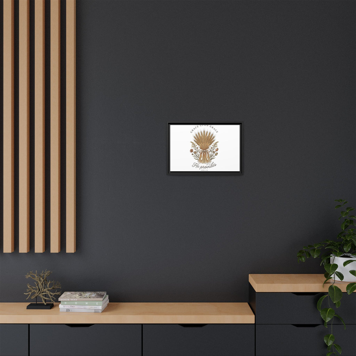 Framed Matte Canvas Wall Art — "He Provides" Wheat & Floral Religious Print