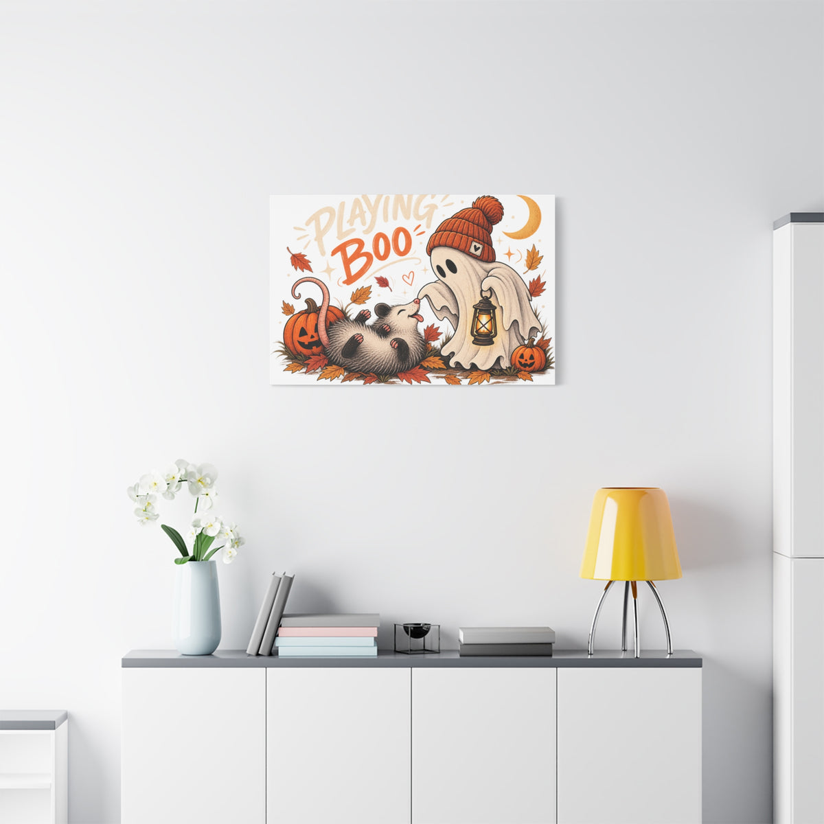 Playing Boo Canvas Wall Art — Cute Halloween Ghost & Possum Matte Stretched Print
