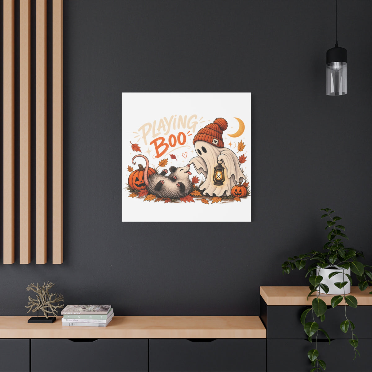 Playing Boo Canvas Wall Art — Cute Halloween Ghost & Possum Matte Stretched Print