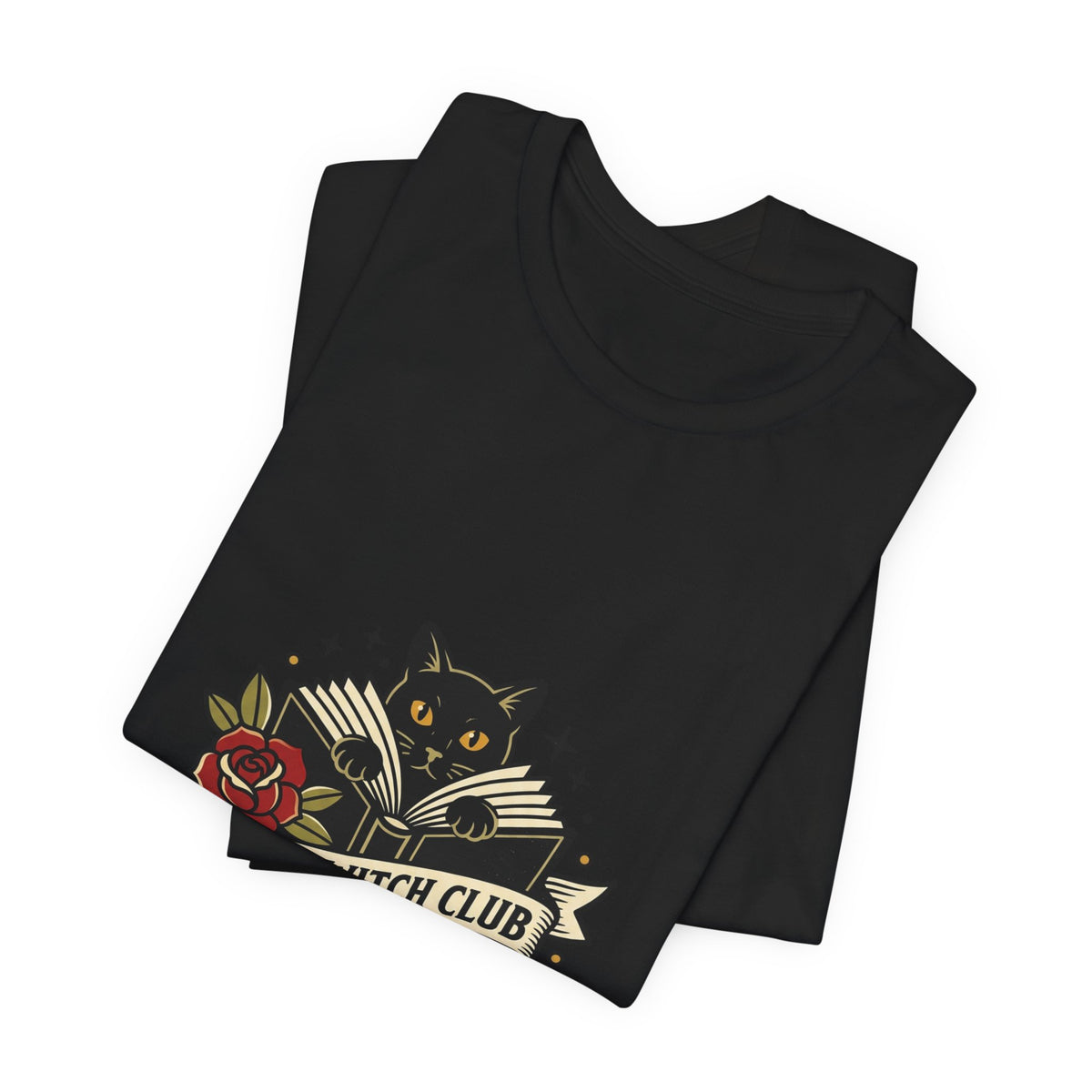 Book Witch Club tee | Traditional tattoo flash cat, roses, banner