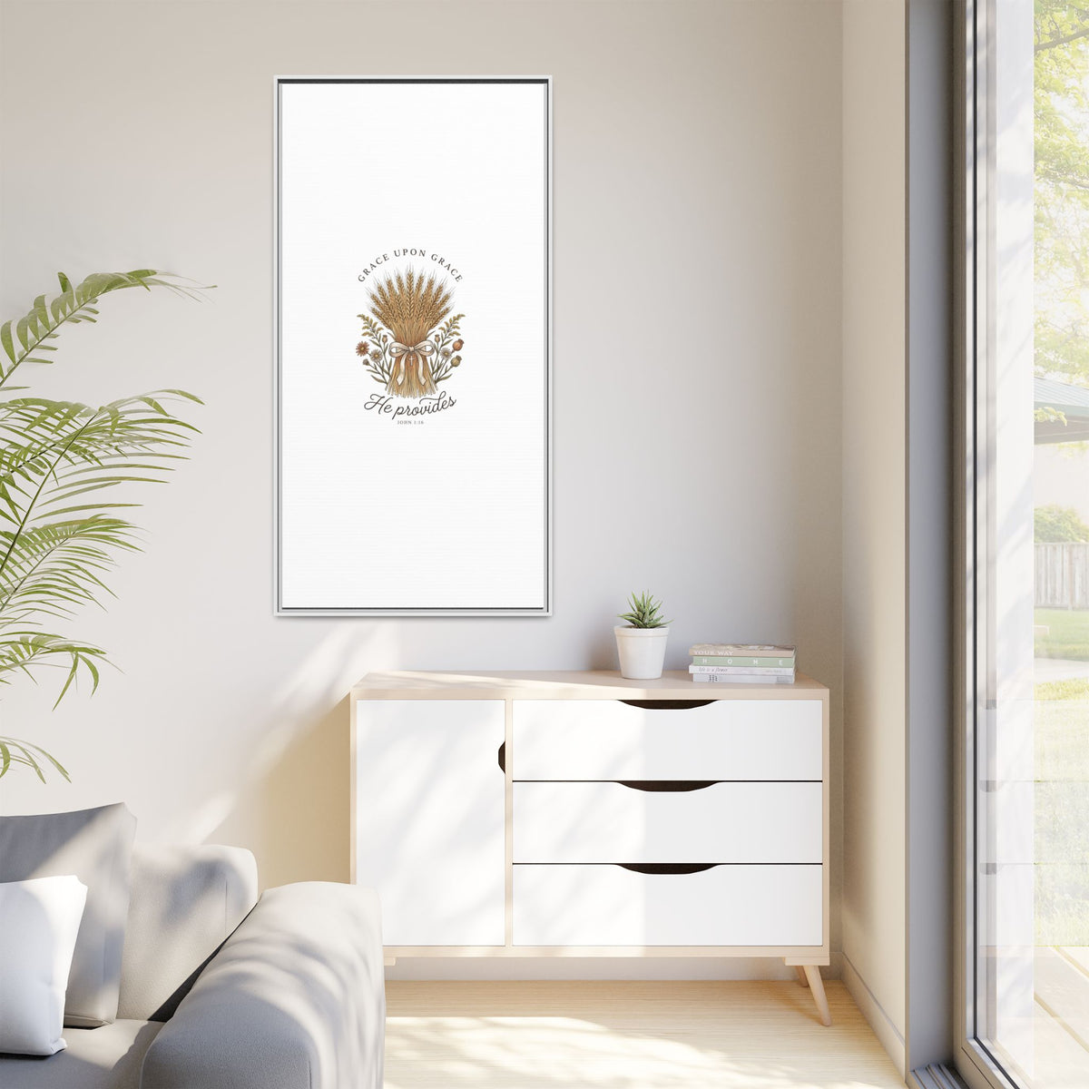 Framed Matte Canvas Wall Art — "He Provides" Wheat & Floral Religious Print