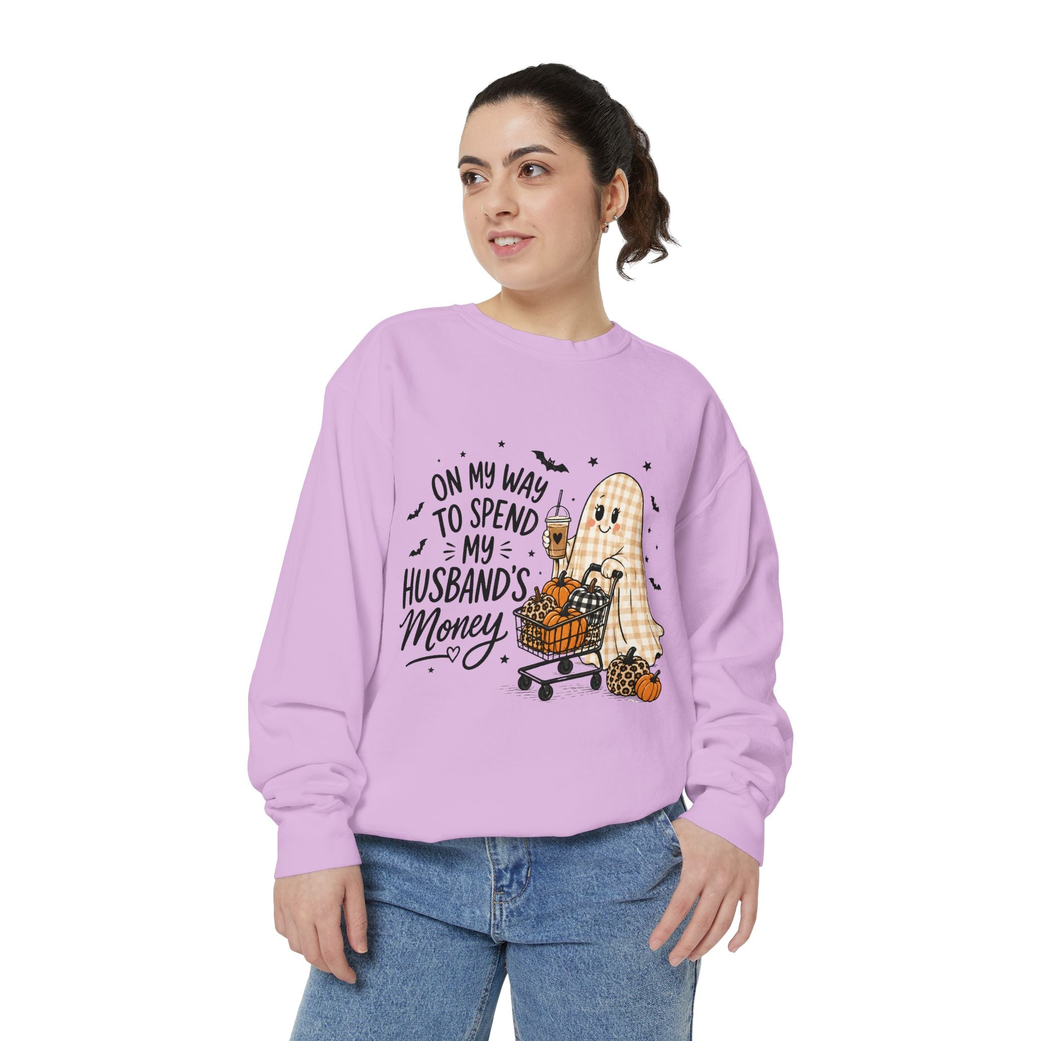 Halloween Ghost Sweatshirt — “On My Way to Spend My Husband’s Money” Cozy Pullover