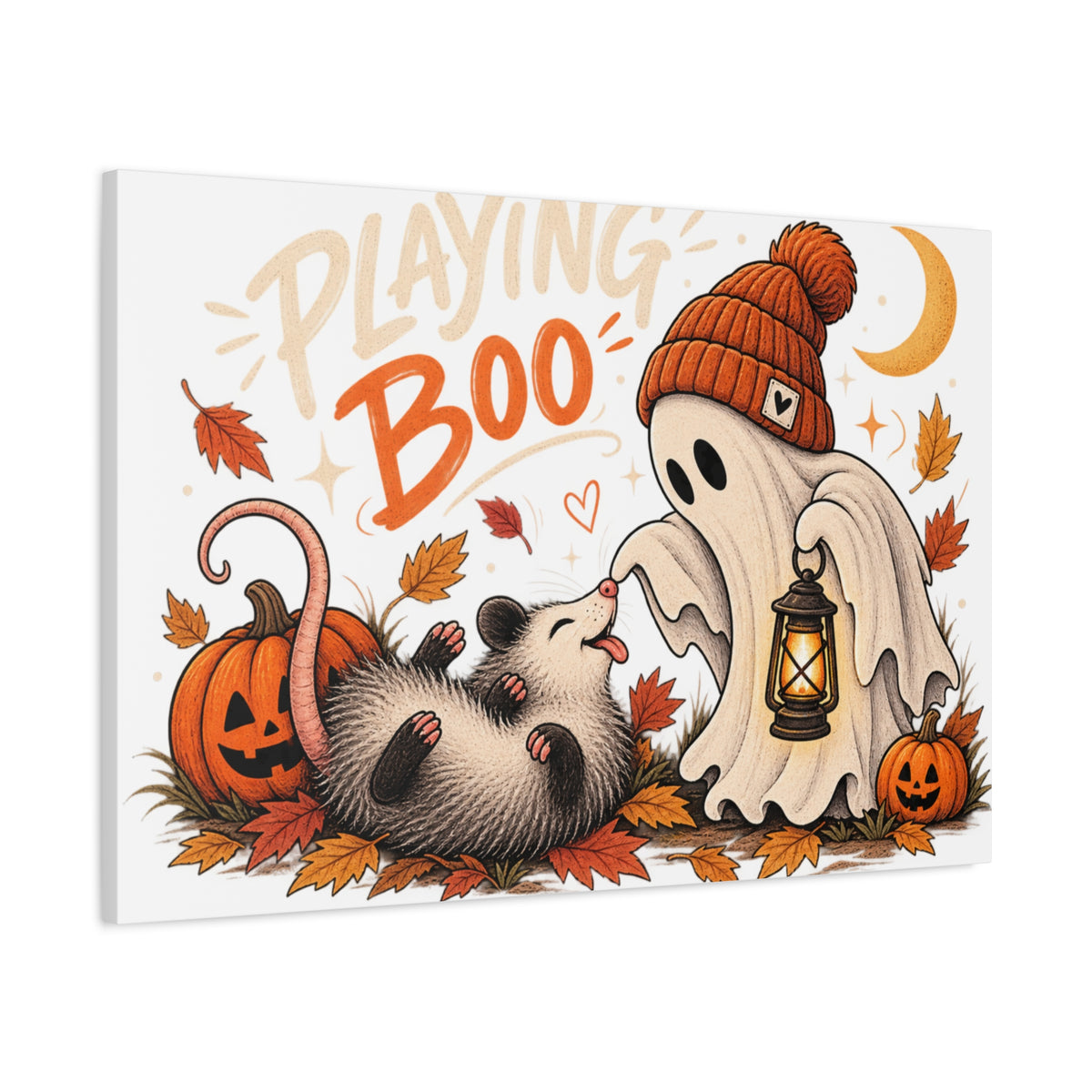 Playing Boo Canvas Wall Art — Cute Halloween Ghost & Possum Matte Stretched Print