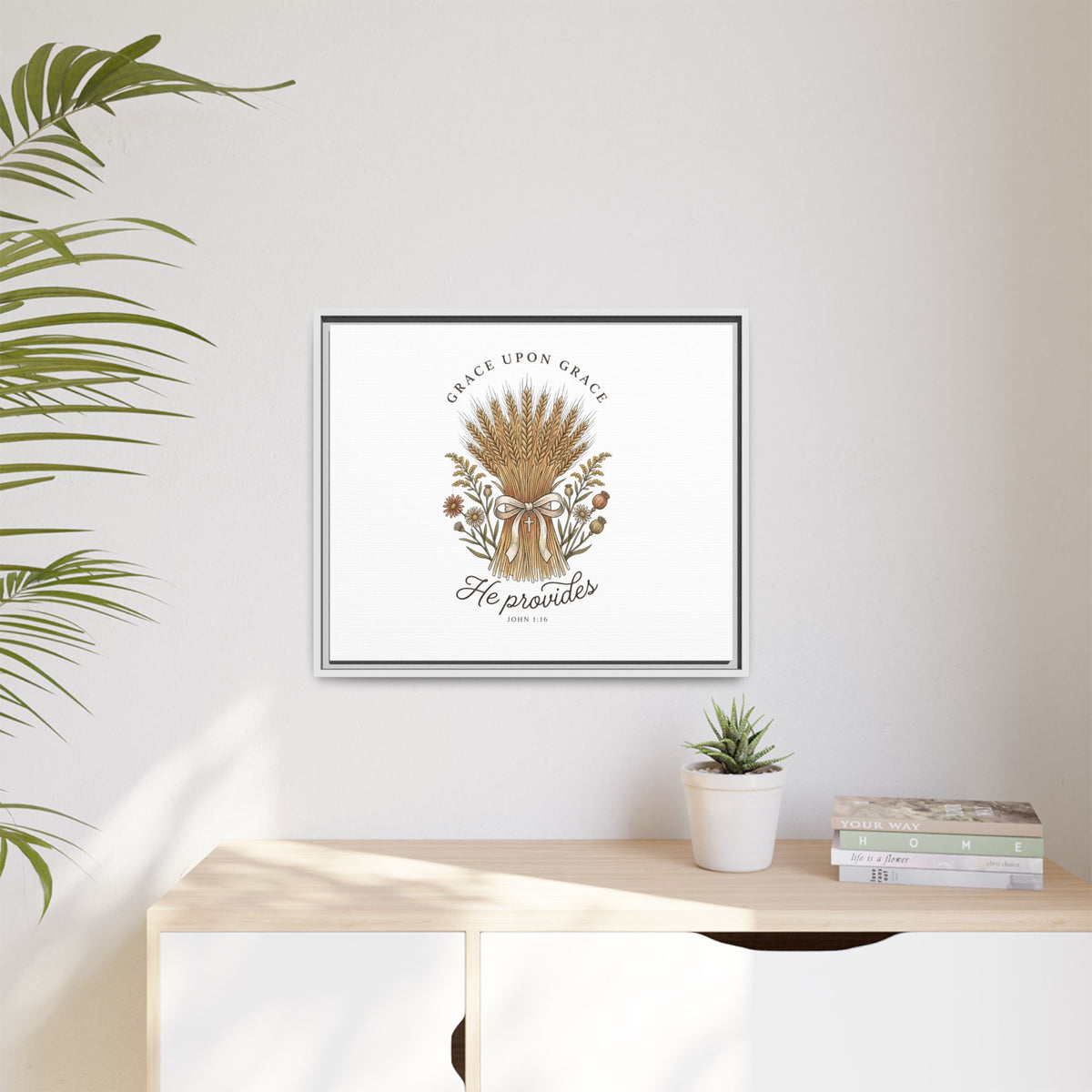 Framed Matte Canvas Wall Art — "He Provides" Wheat & Floral Religious Print