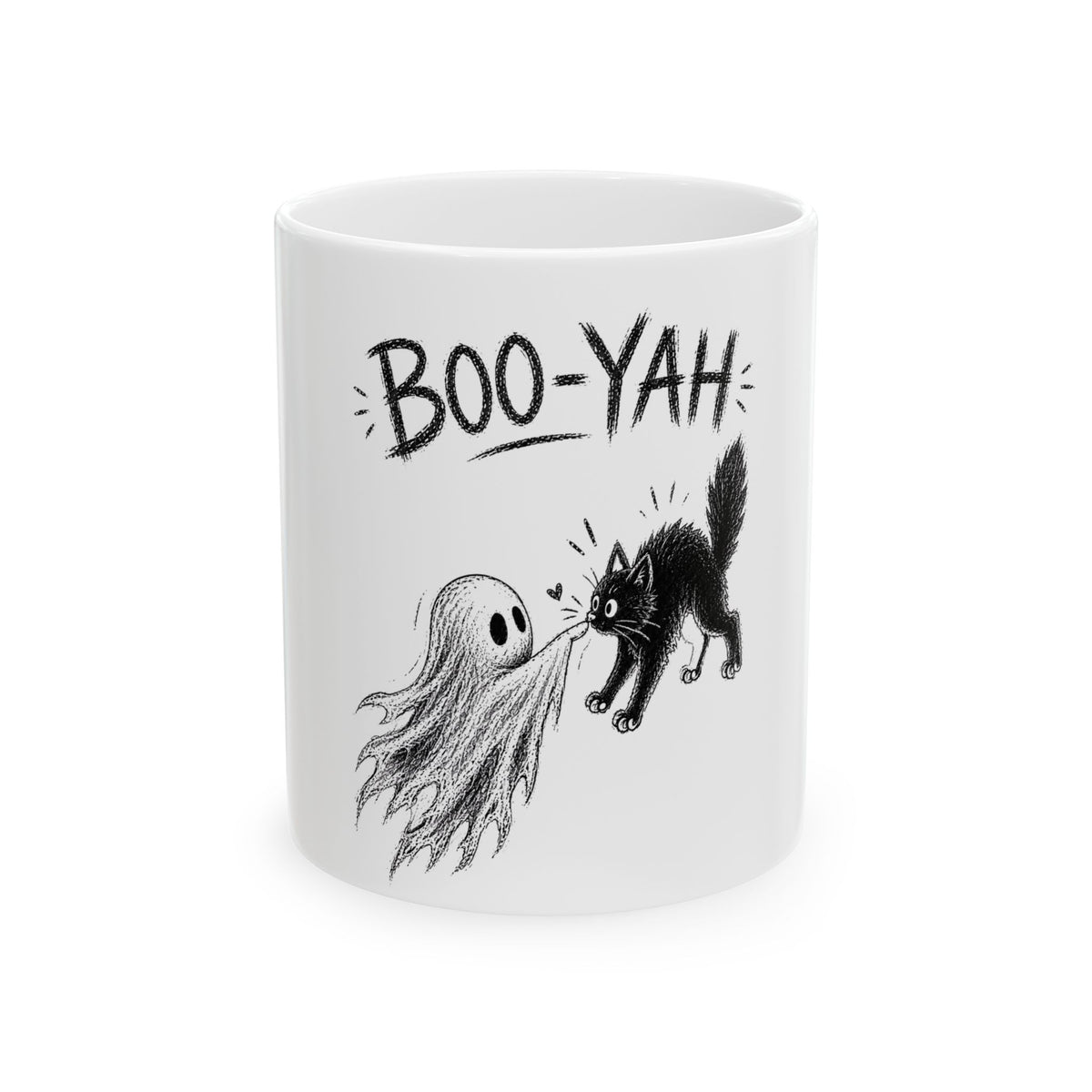 Halloween Boo-Yah Ceramic Mug — Ghost & Black Cat 11oz/15oz