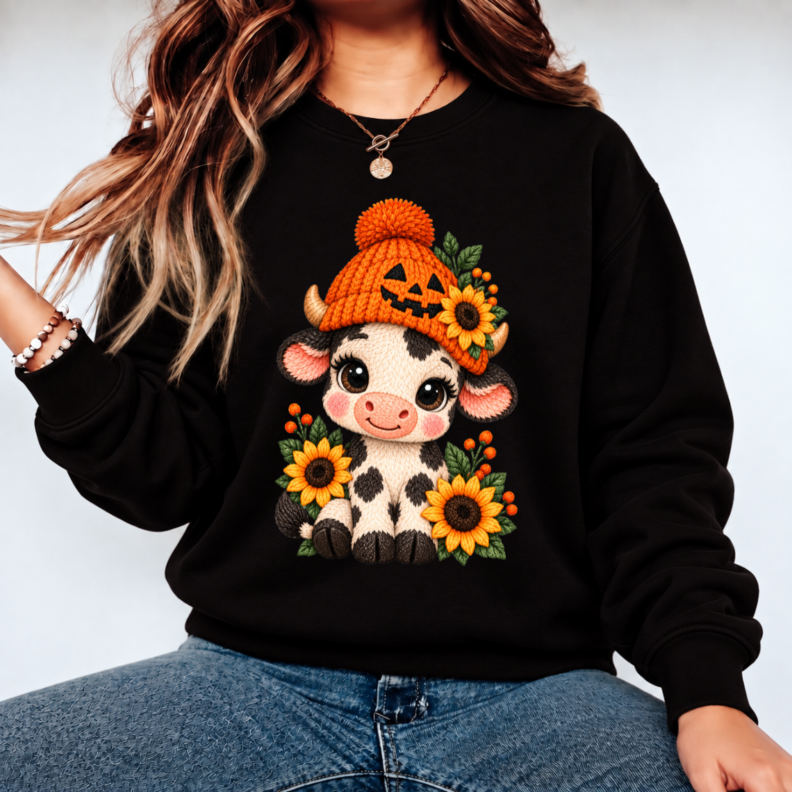 Cute Halloween Cow with Pumpkin Hat and Sunflowers Embroidery Design