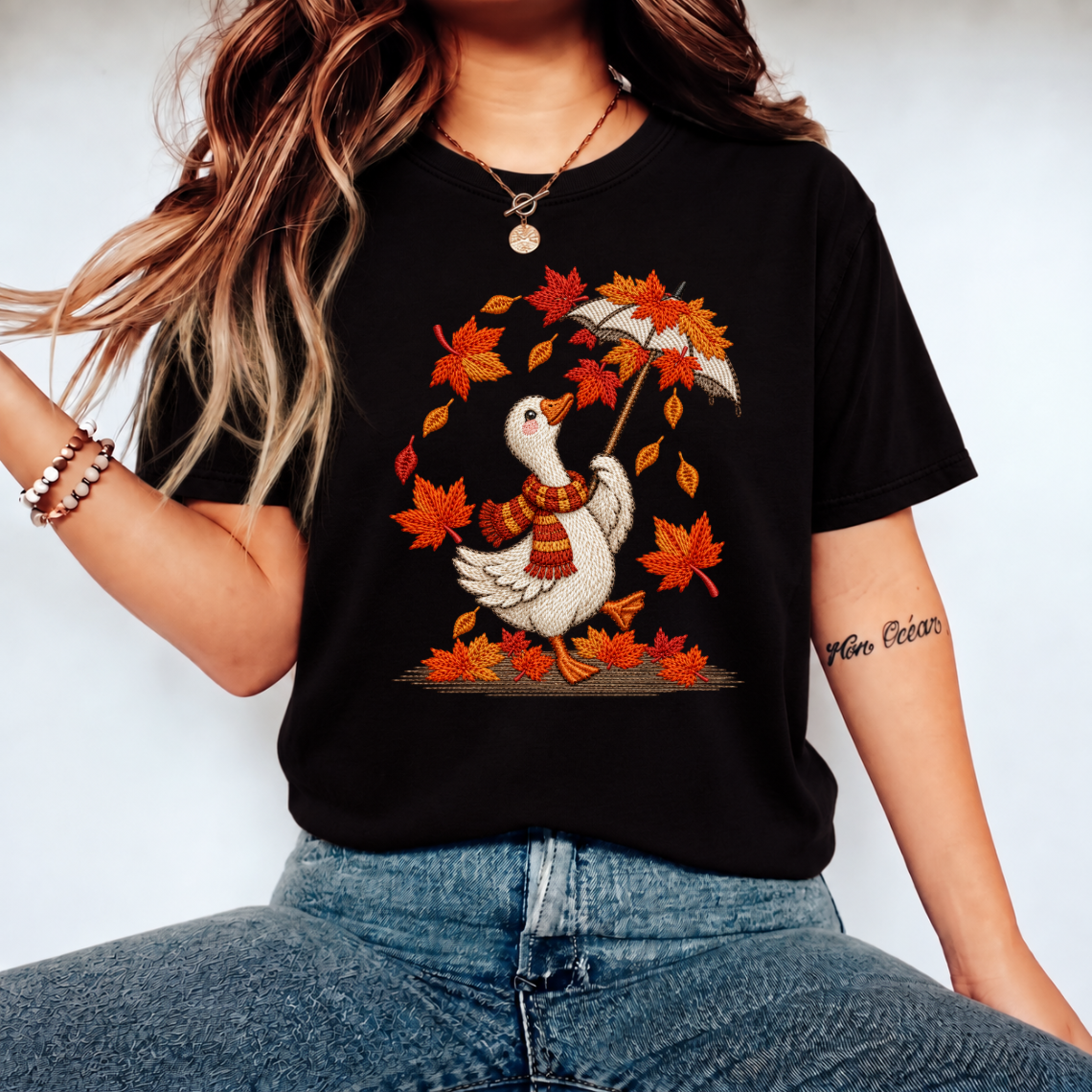 Autumn Duck with Umbrella Embroidery Design