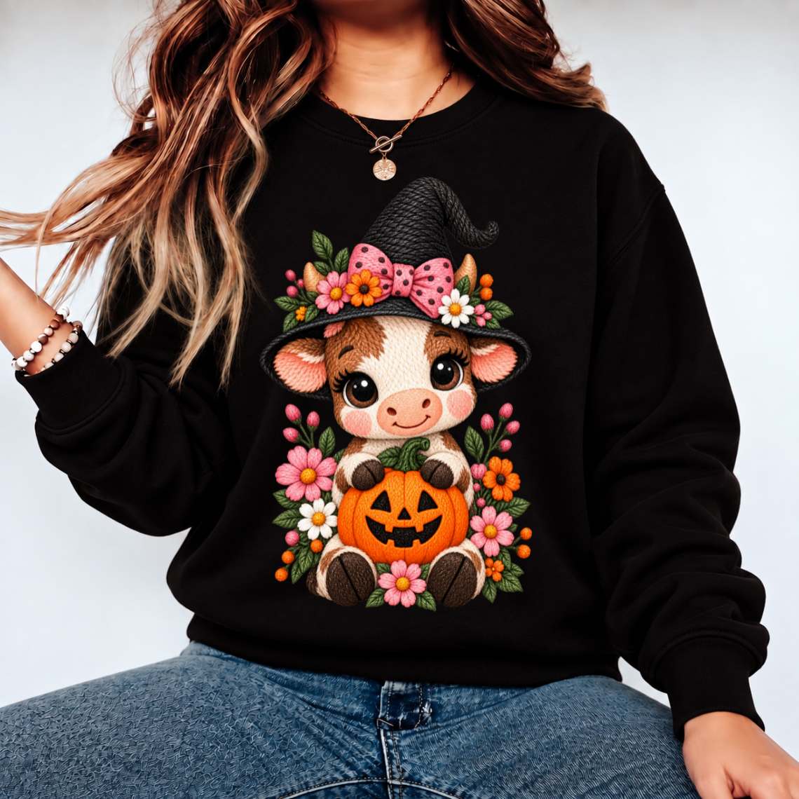 Cute Fall Cow with Pumpkin Sunflowers and Autumn Floral Embroidery Design