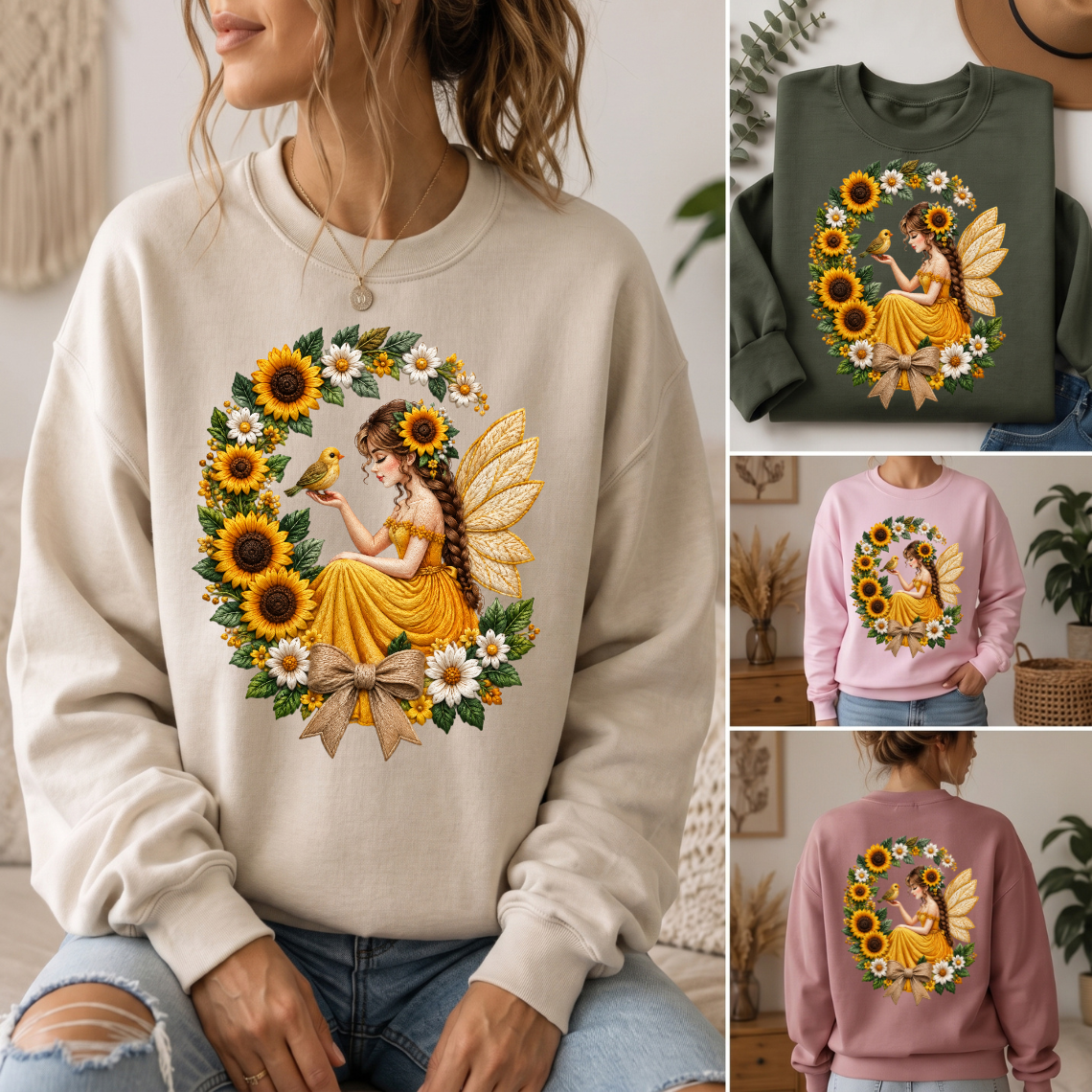 Sunflower Fairy with Bird and Floral Wreath Embroidery Design