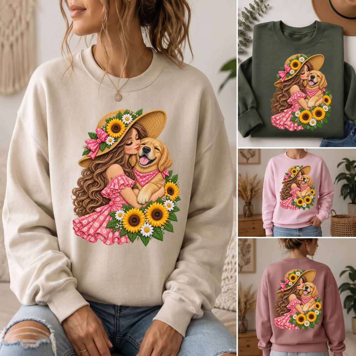 Girl Hugging Golden Retriever with Sunflowers and Floral Embroidery Design