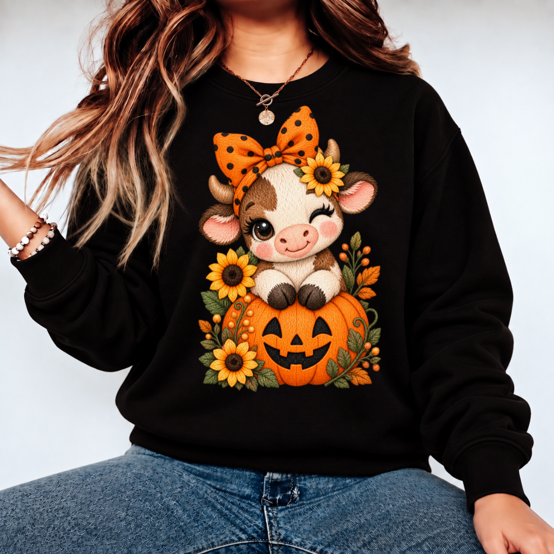 Cute Fall Cow with Sunflower Crown and Pumpkin Embroidery Design