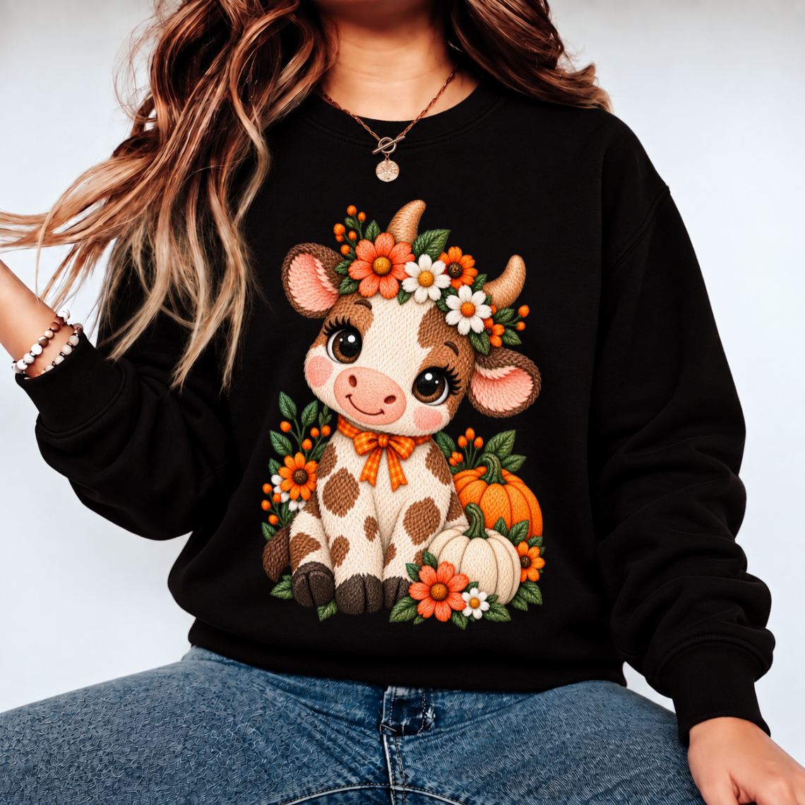 Cute Fall Cow with Pumpkins Sunflowers and Floral Embroidery Design