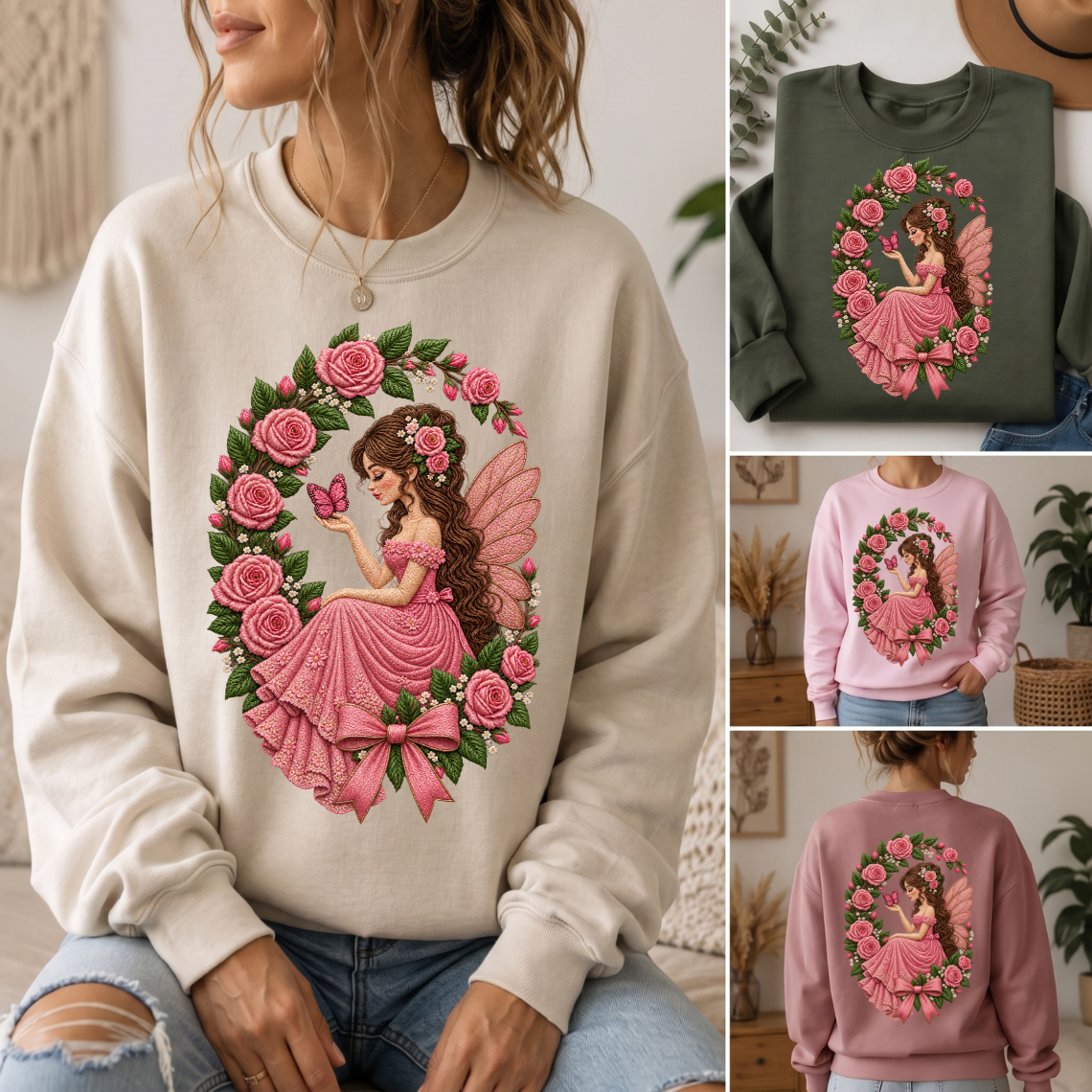 Pink Rose Fairy with Butterfly and Floral Wreath Embroidery Design