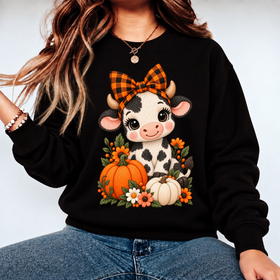 Cute Cow with Pumpkin Orange Bow and Sunflowers Fall Embroidery Design