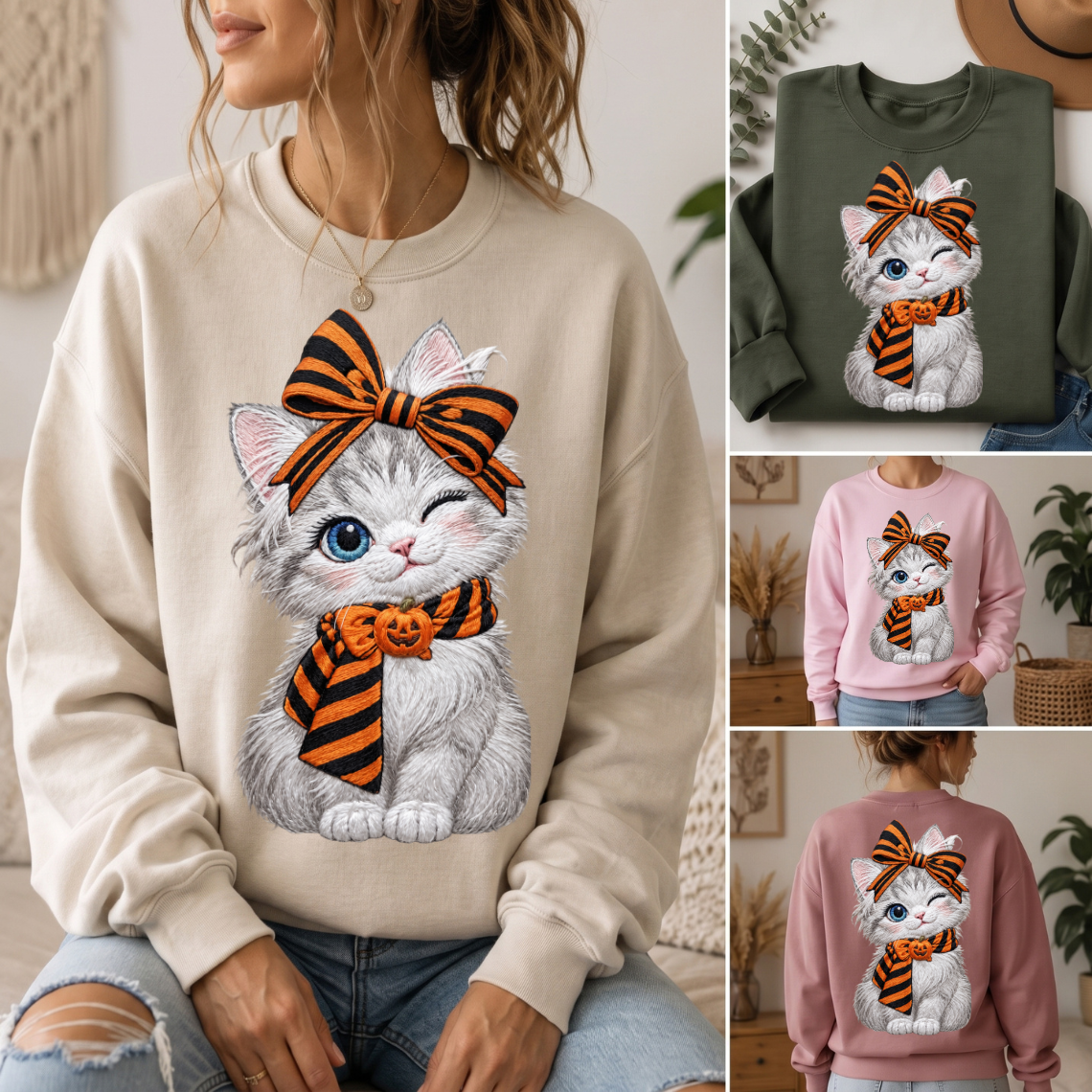 Cute Halloween White Cat with Pumpkin Tiger Bow Embroidery Design