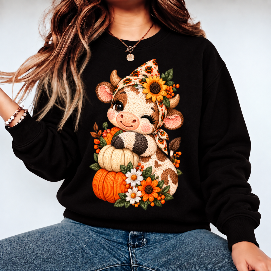 Cute Fall Cow with Pumpkins and Sunflower Floral Embroidery Design