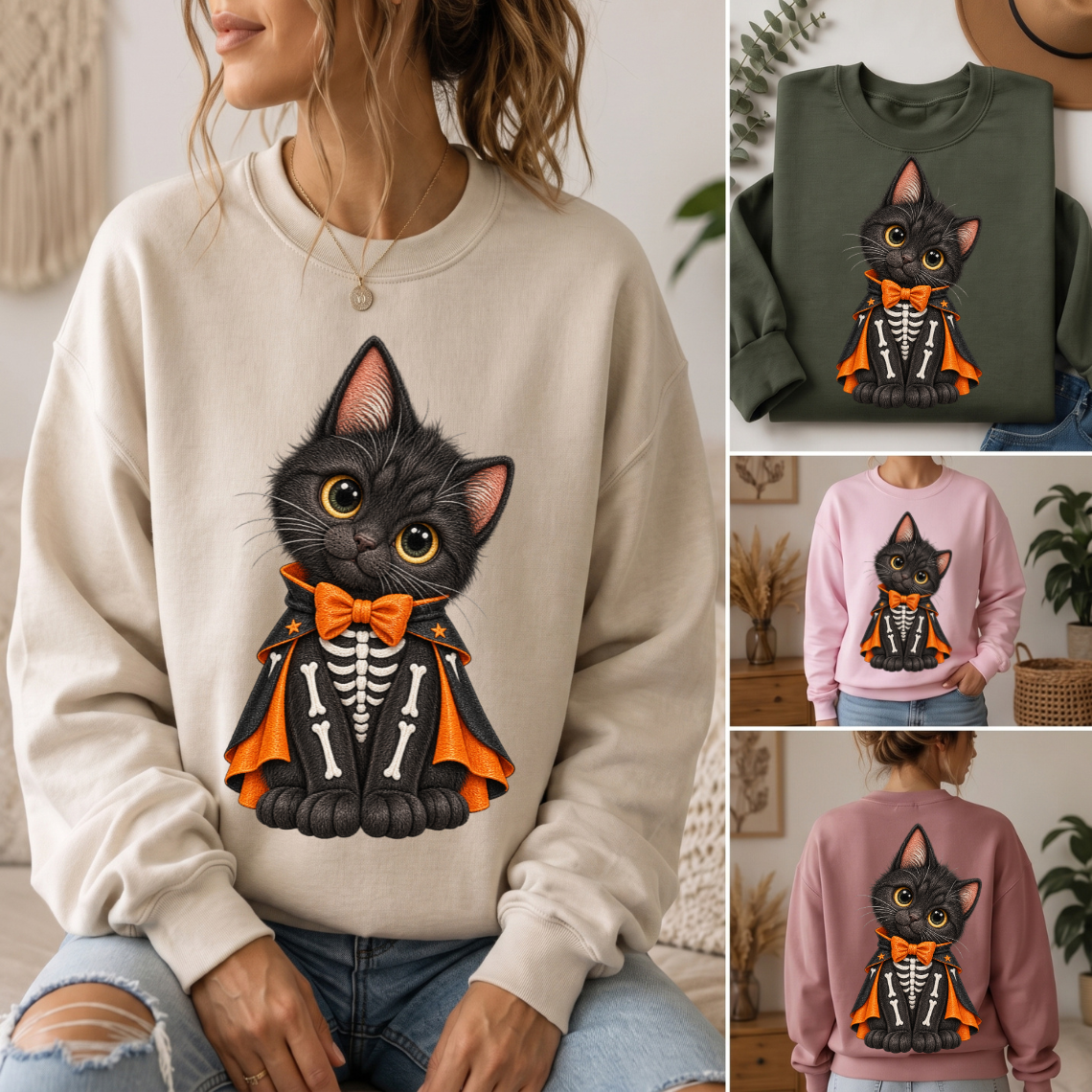 Black Witch Cat with Pumpkin Bow Halloween Embroidery Design