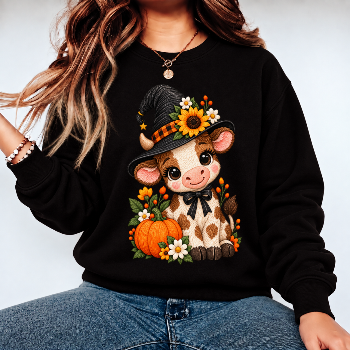 Cute Witch Cow with Sunflower and Pumpkin Halloween Embroidery Design