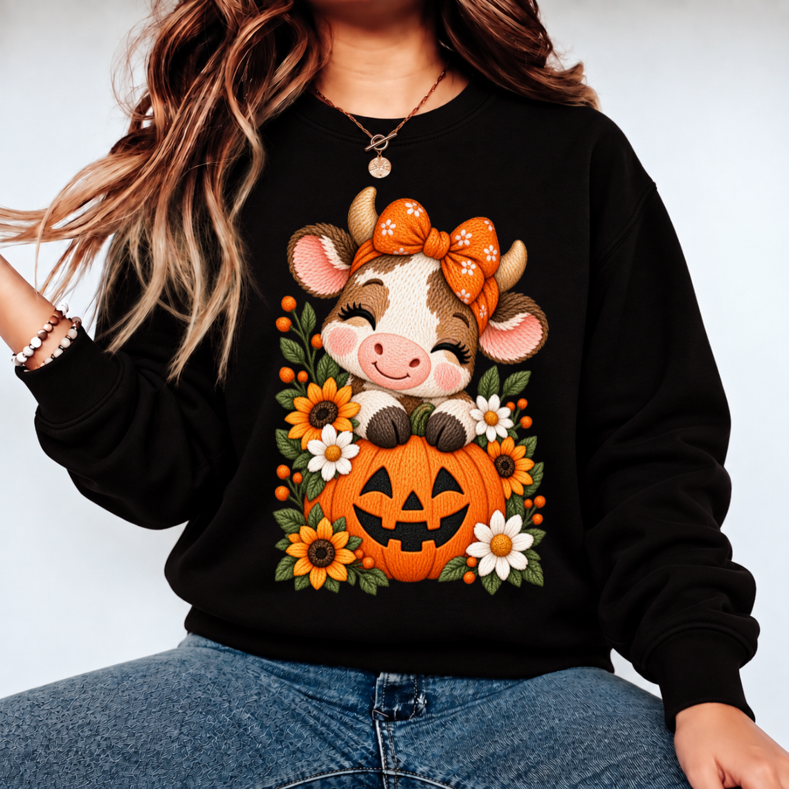 Cute Cow with Pumpkin and Floral Bow Halloween Embroidery Design