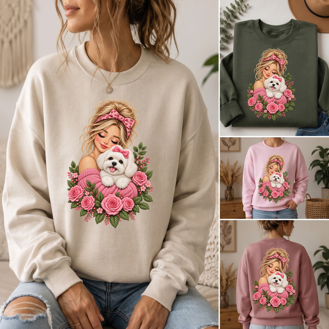 Girl Hugging Cute White Dog with Pink Roses Floral Embroidery Design