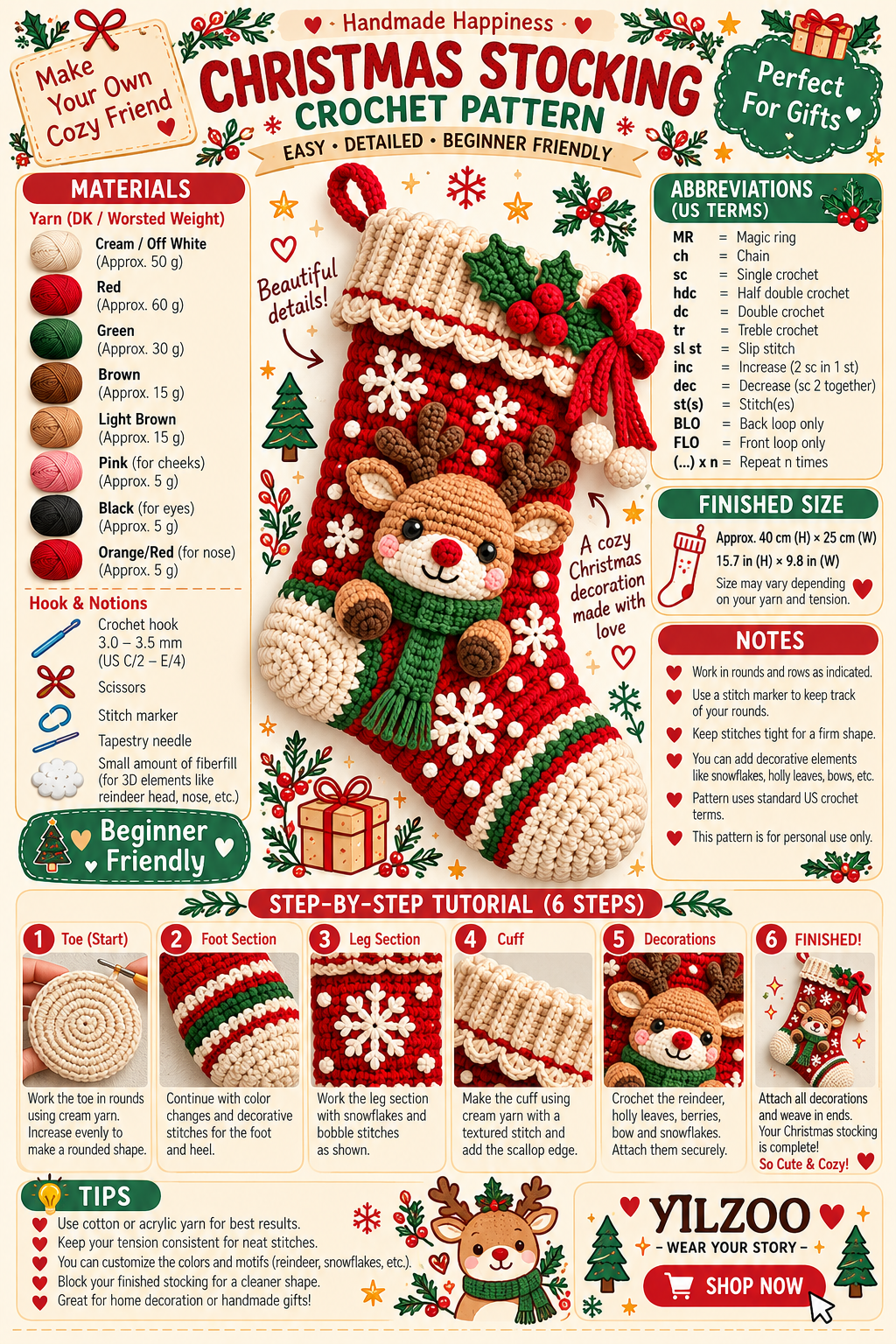 Reindeer Christmas Stocking Crochet Pattern PDF | Cute Holiday Crochet