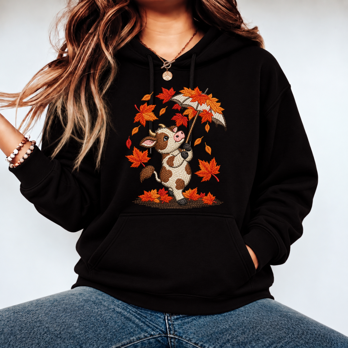 Cute Autumn Cow with Umbrella Embroidery Design