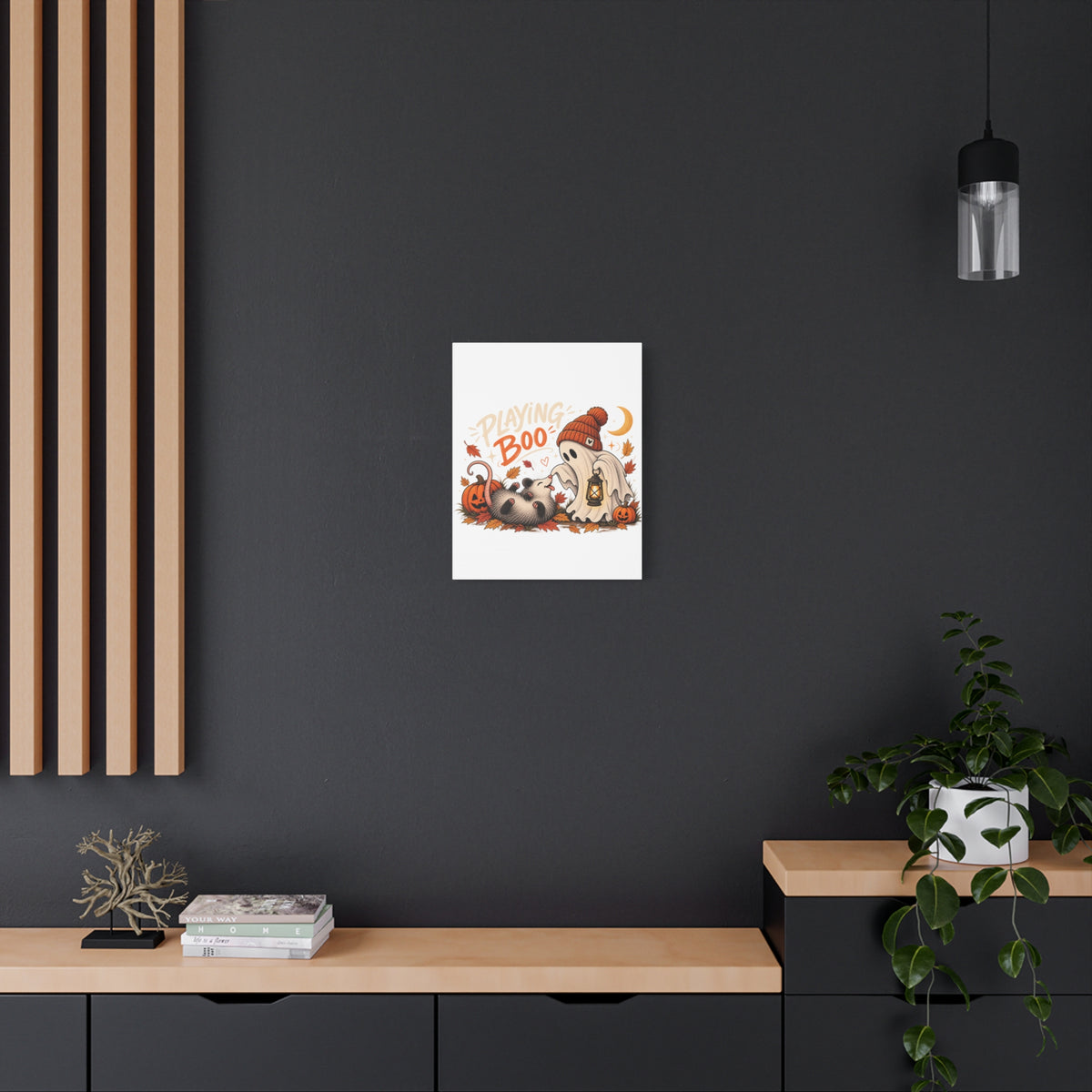 Playing Boo Canvas Wall Art — Cute Halloween Ghost & Possum Matte Stretched Print