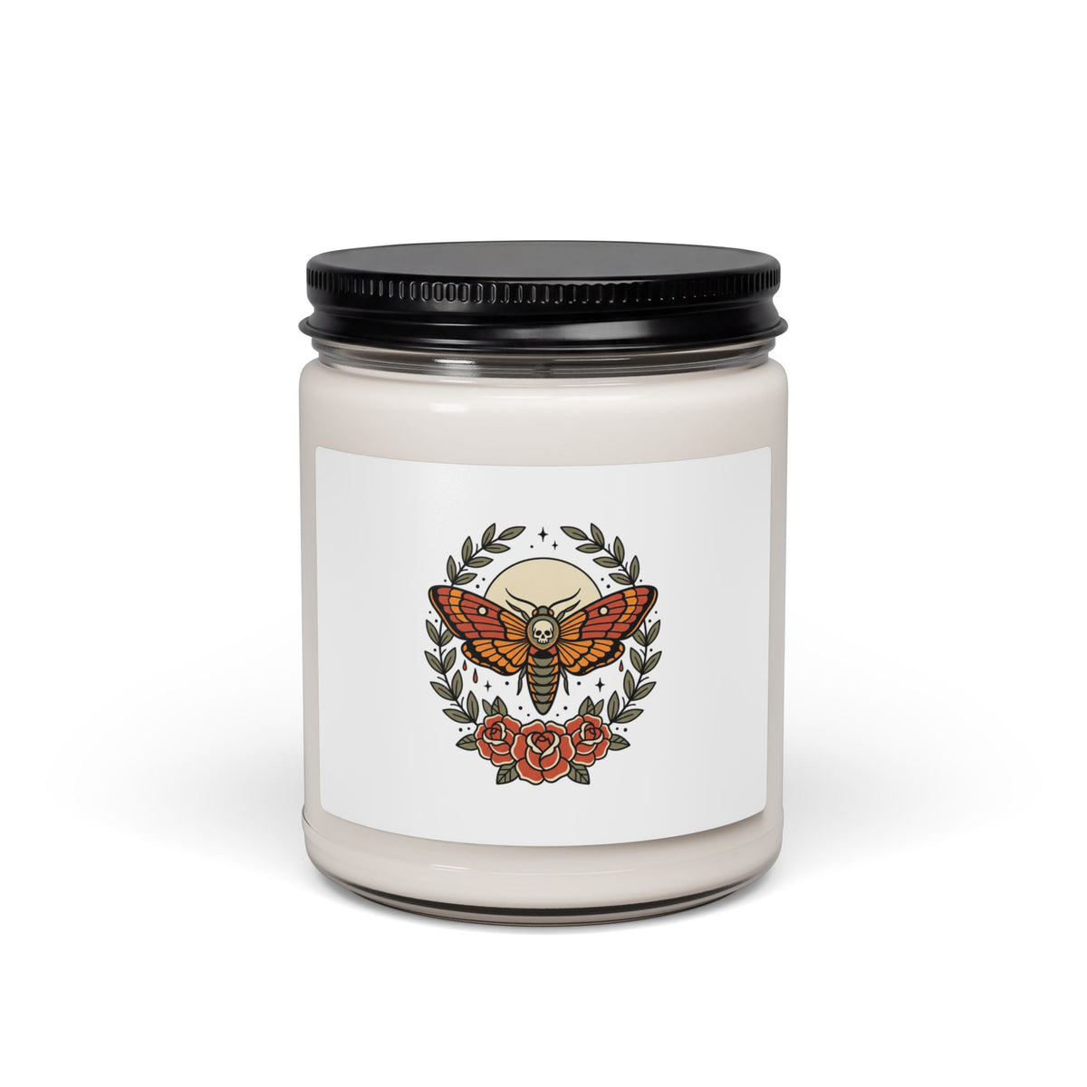 Moth & Roses Candle, Soy Jar Candle | Traditional Tattoo Flash, Floral Banner