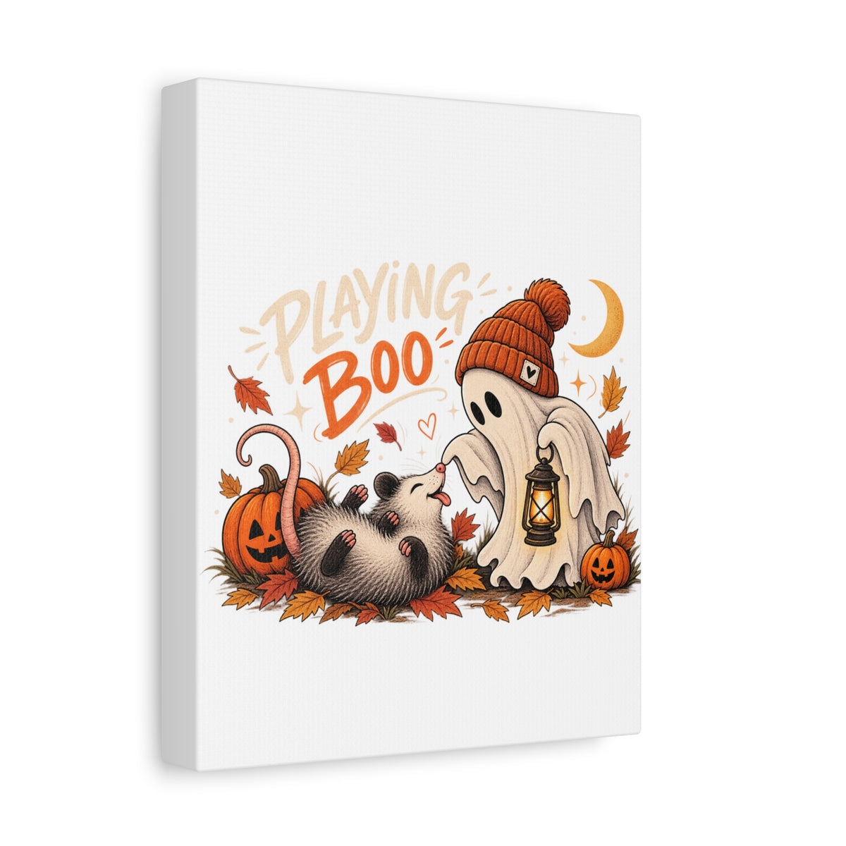 Playing Boo Canvas Wall Art — Cute Halloween Ghost & Possum Matte Stretched Print