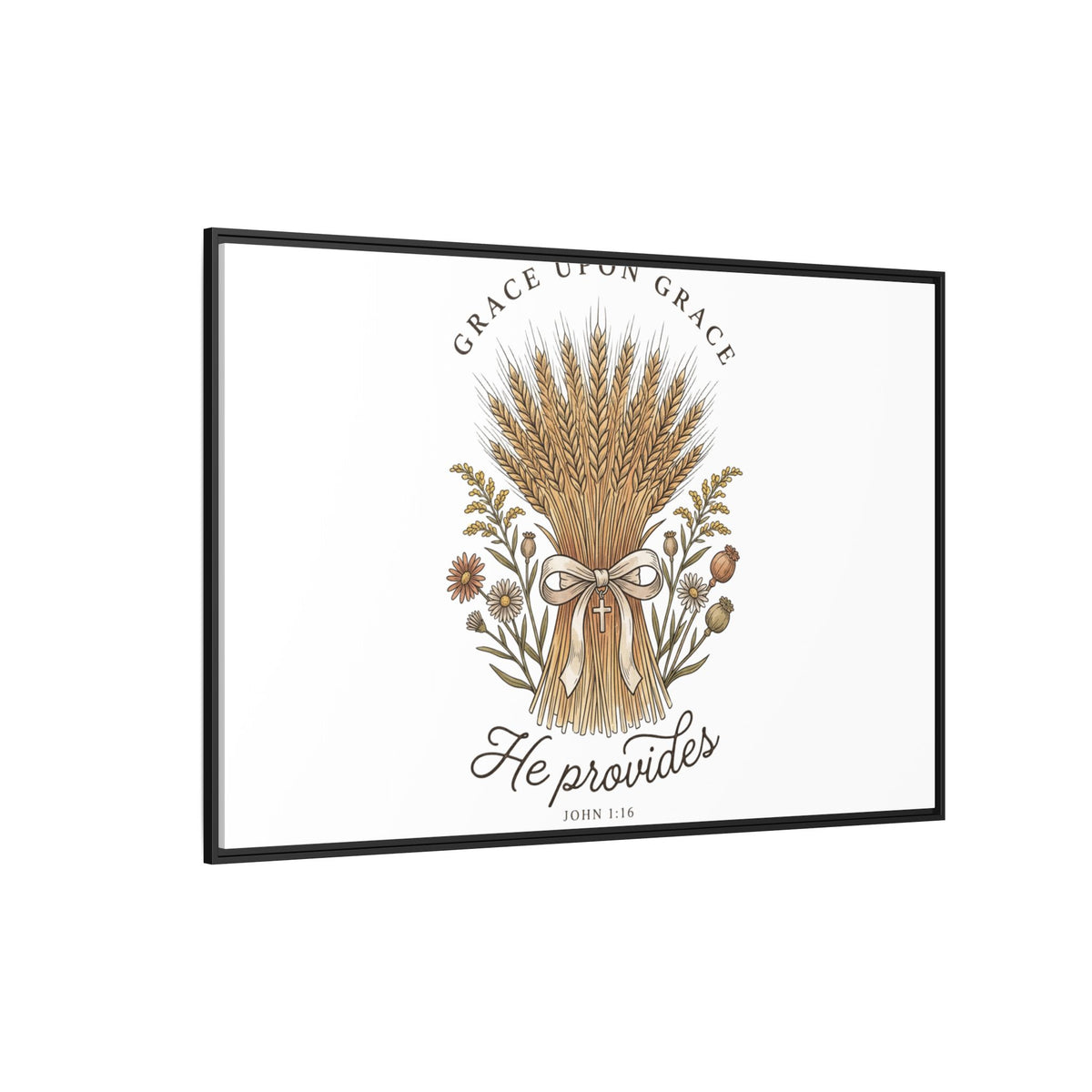 Framed Matte Canvas Wall Art — "He Provides" Wheat & Floral Religious Print