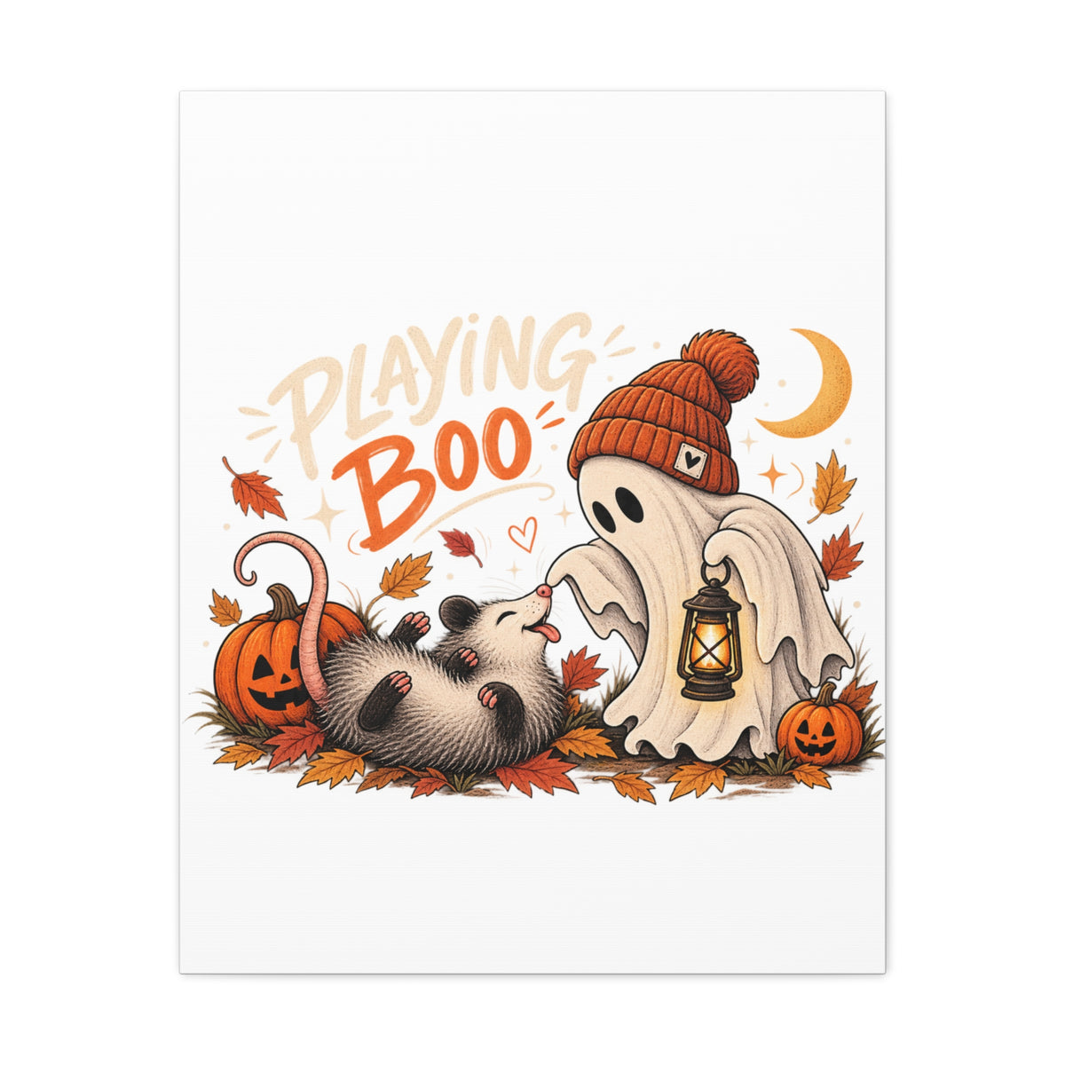 Playing Boo Canvas Wall Art — Cute Halloween Ghost & Possum Matte Stretched Print