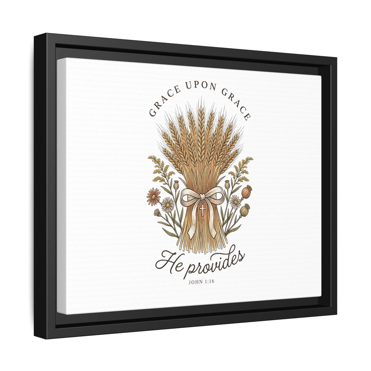 Framed Matte Canvas Wall Art — "He Provides" Wheat & Floral Religious Print
