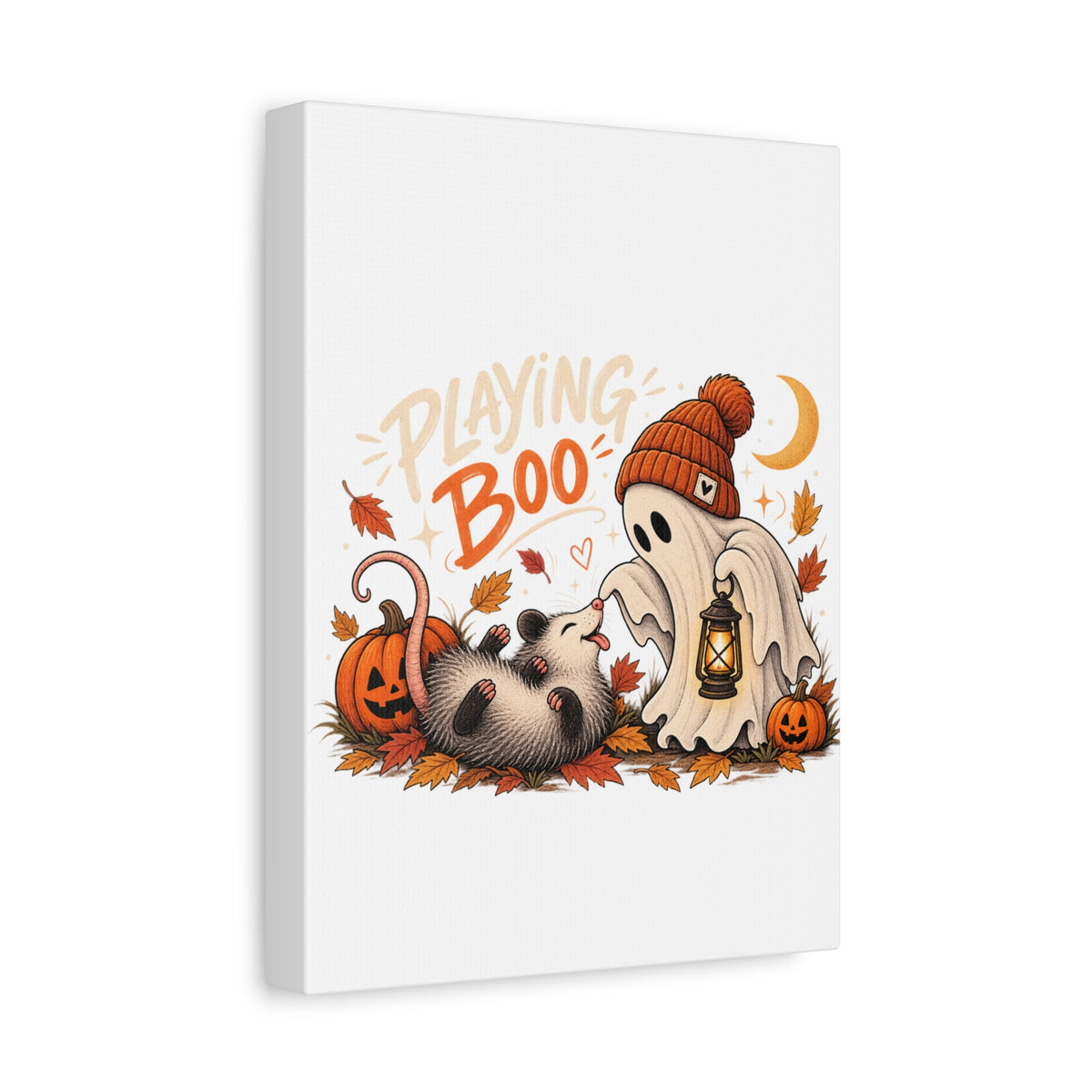Playing Boo Canvas Wall Art — Cute Halloween Ghost & Possum Matte Stretched Print