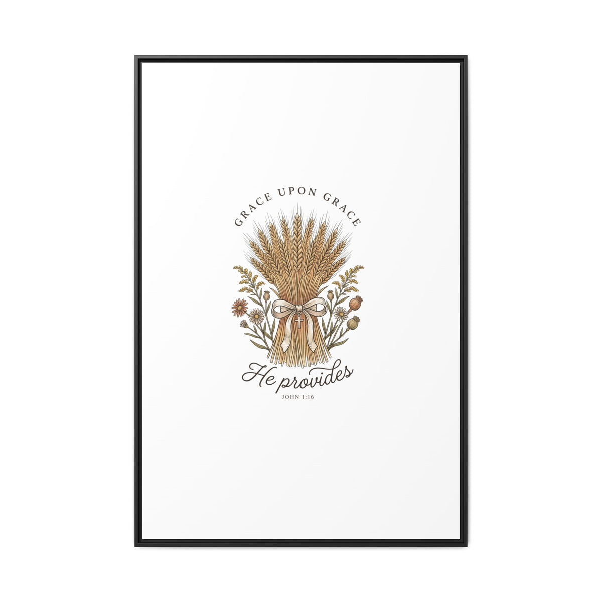 Framed Matte Canvas Wall Art — "He Provides" Wheat & Floral Religious Print