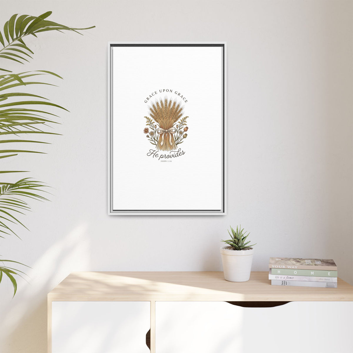 Framed Matte Canvas Wall Art — "He Provides" Wheat & Floral Religious Print