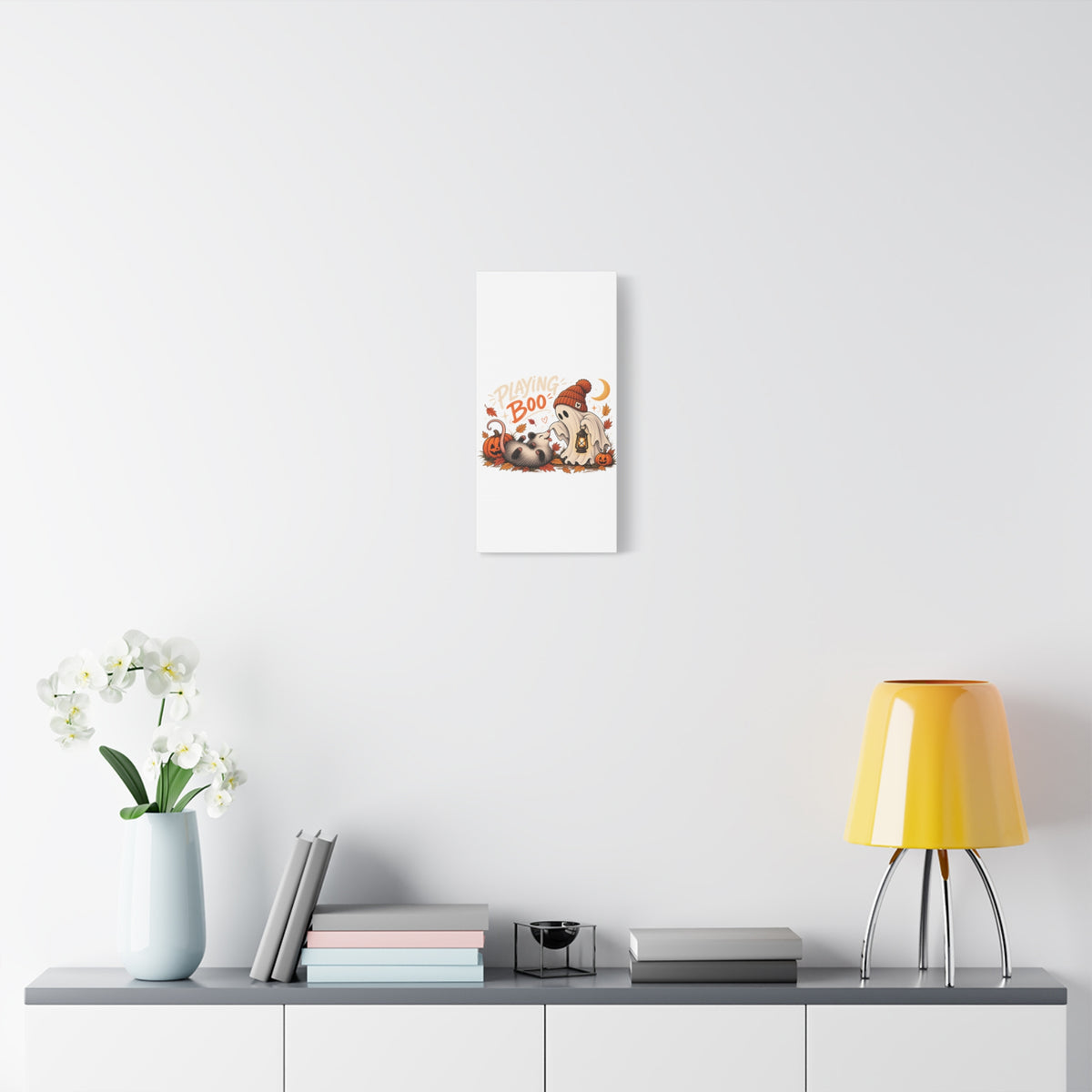 Playing Boo Canvas Wall Art — Cute Halloween Ghost & Possum Matte Stretched Print