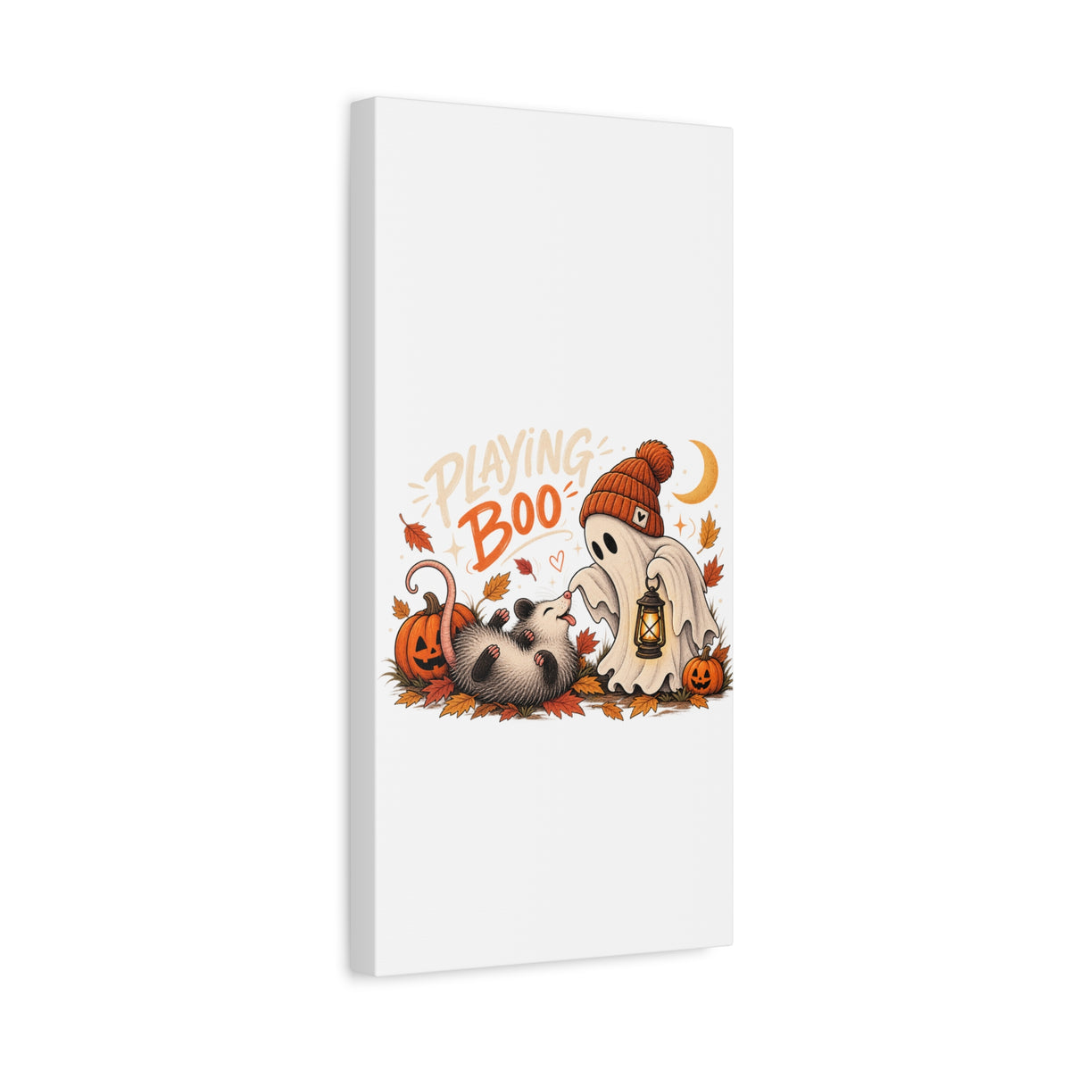 Playing Boo Canvas Wall Art — Cute Halloween Ghost & Possum Matte Stretched Print