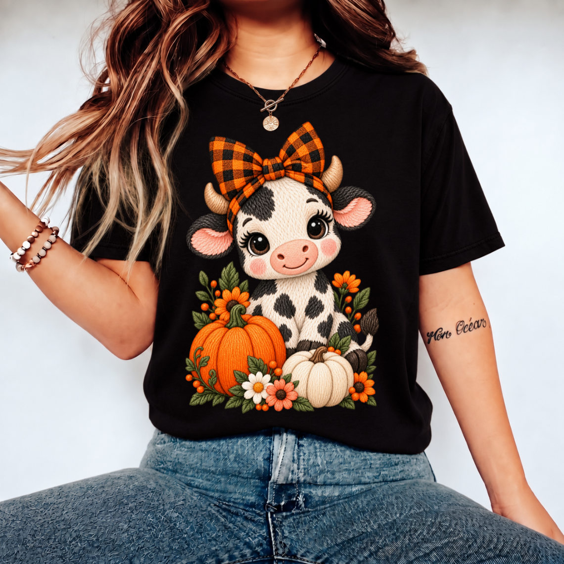 Cute Cow with Pumpkin Orange Bow and Sunflowers Fall Embroidery Design