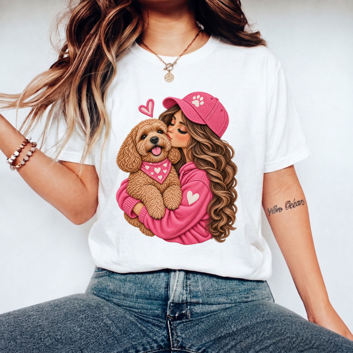 Girl Hugging Fluffy Brown Dog with Pink Hearts Embroidery Design