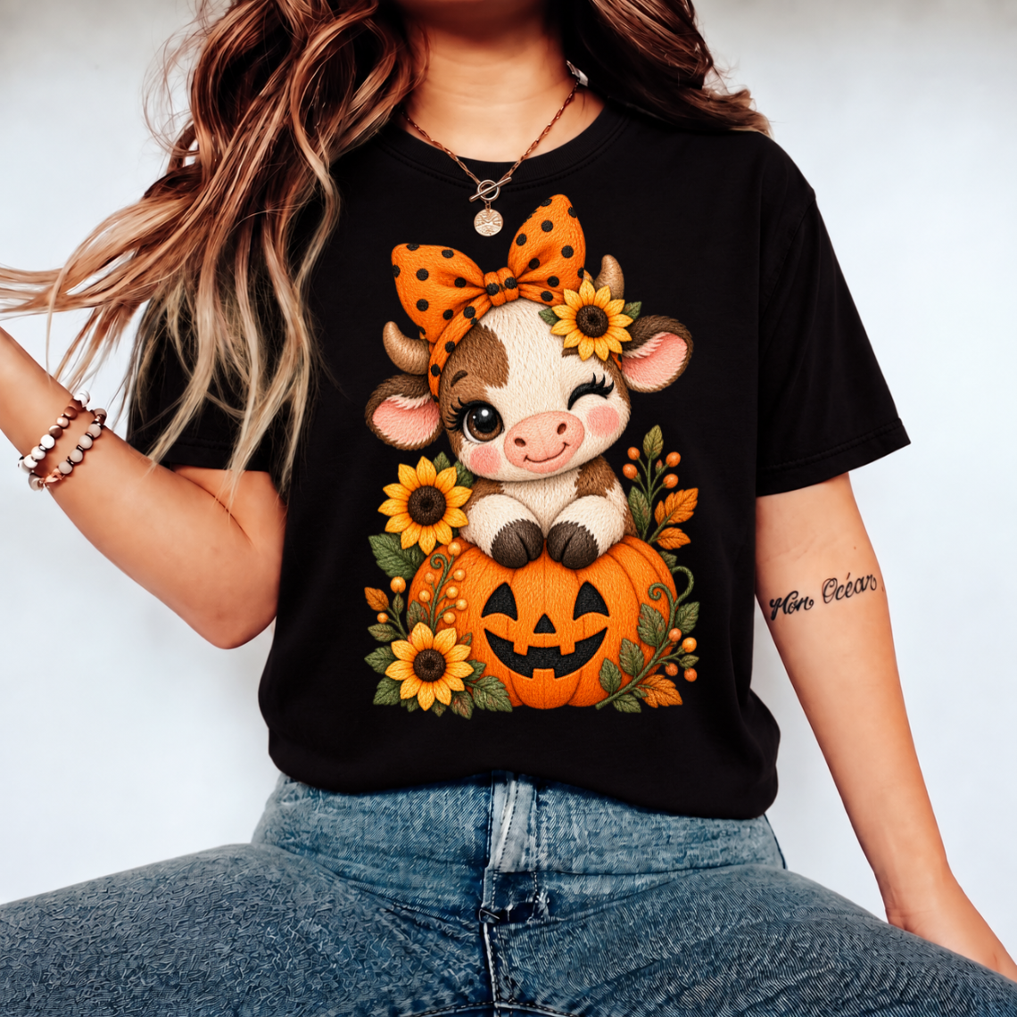 Cute Fall Cow with Sunflower Crown and Pumpkin Embroidery Design