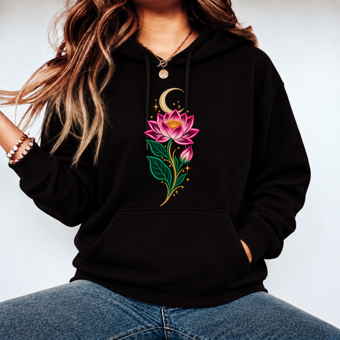 Mystical Lotus Embroidery Design | Moon & Floral Pattern