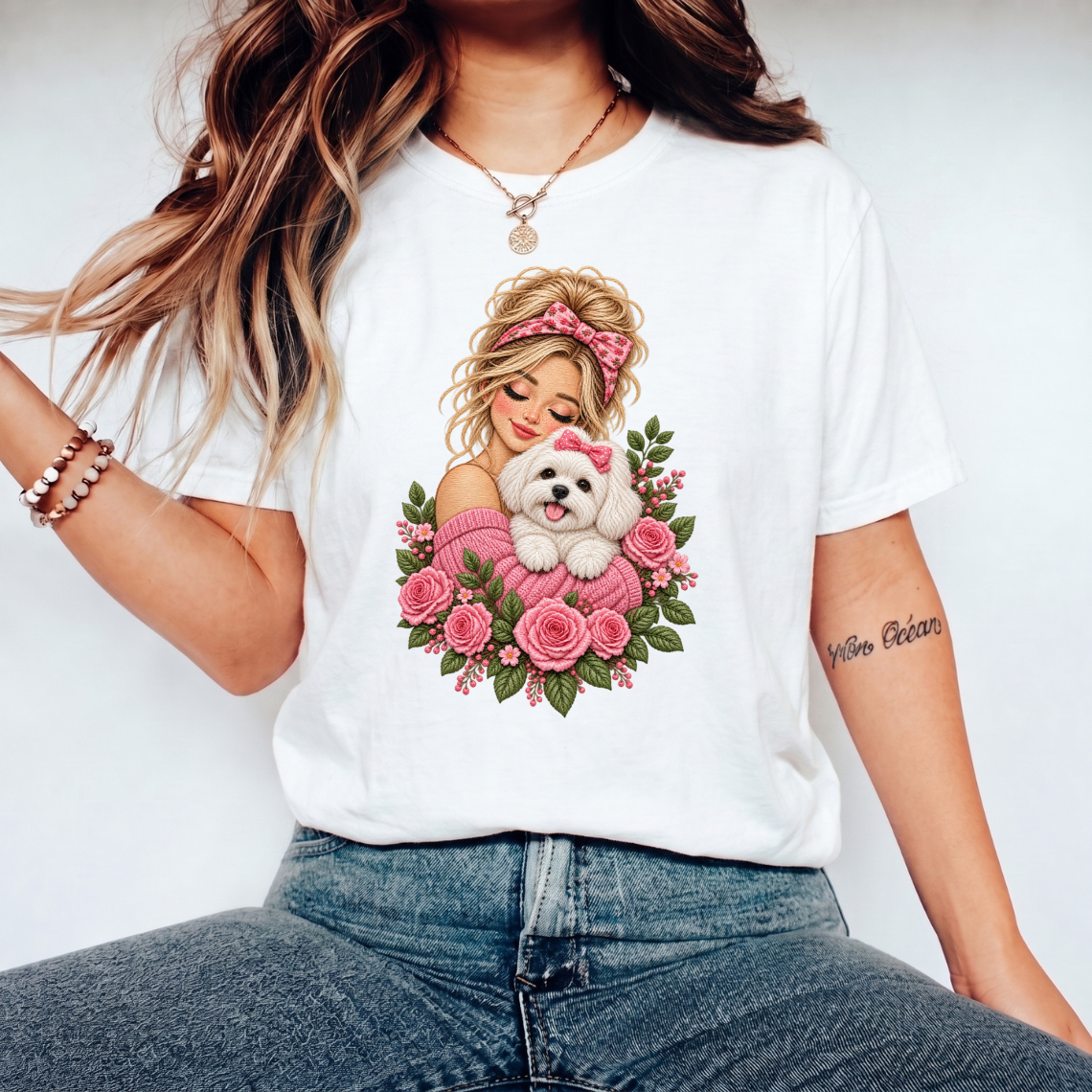 Girl Hugging Cute White Dog with Pink Roses Floral Embroidery Design