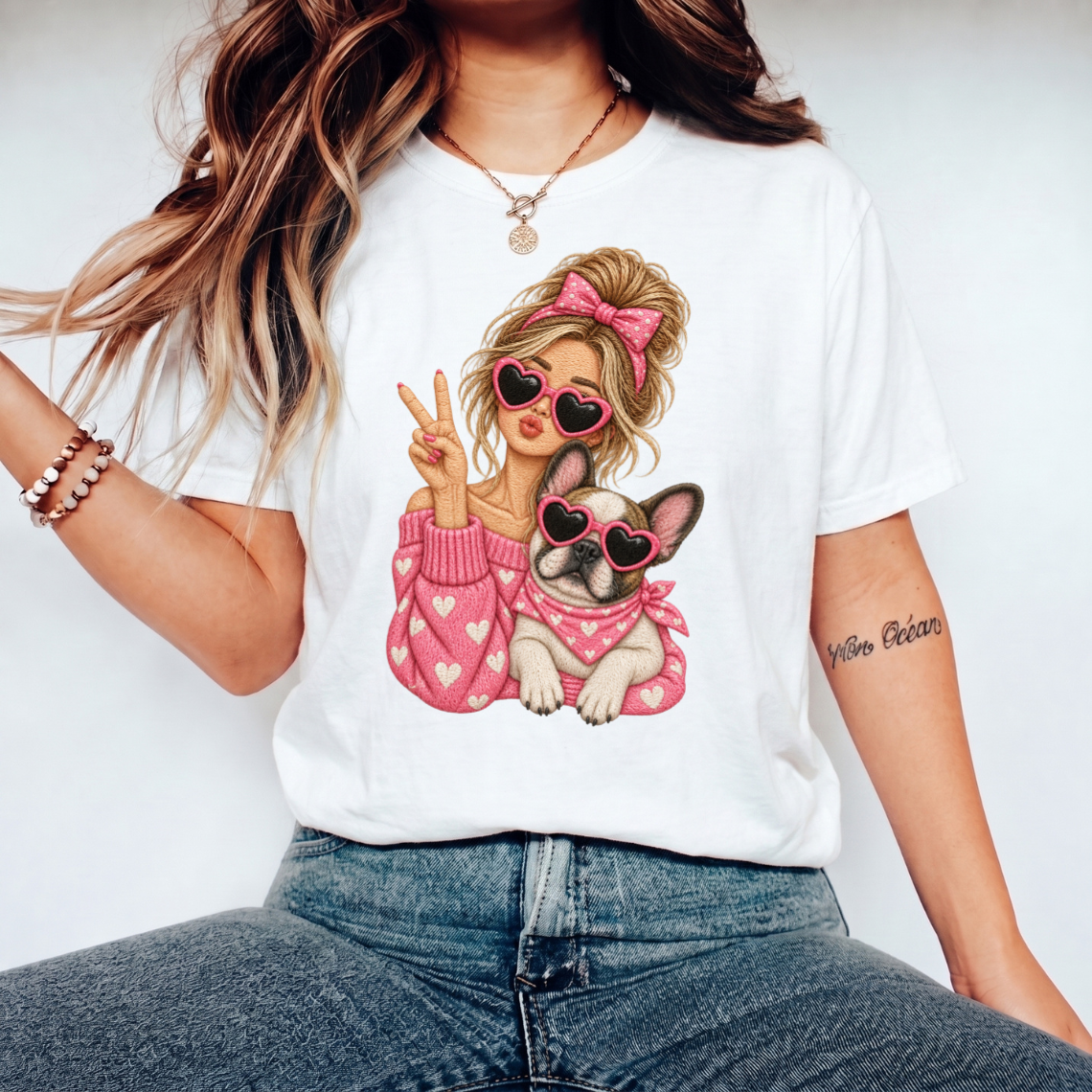 Girl and French Bulldog with Pink Hearts Sunglasses Embroidery Design
