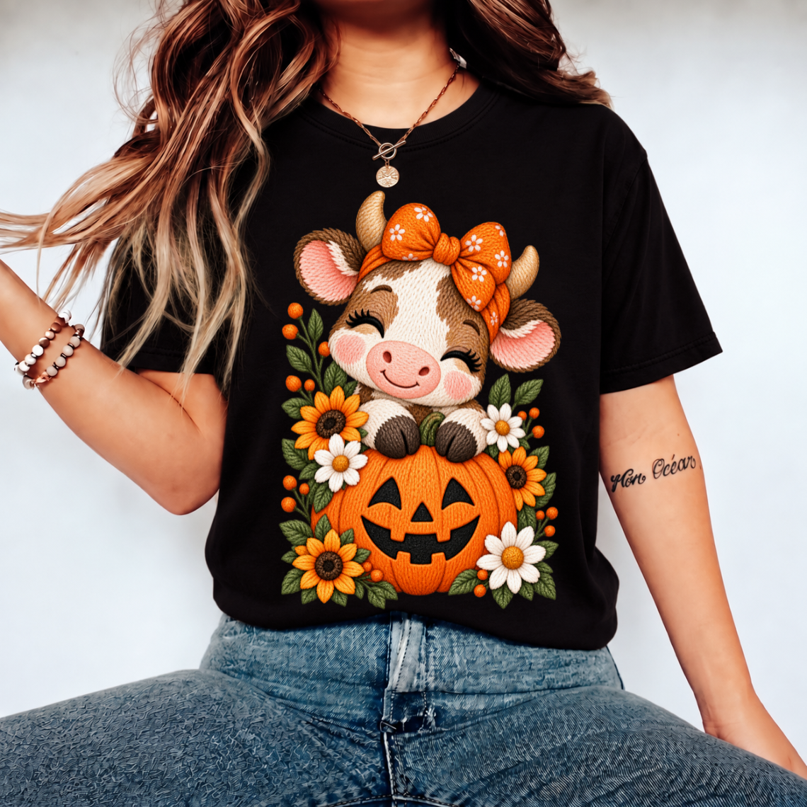 Cute Cow with Pumpkin and Floral Bow Halloween Embroidery Design