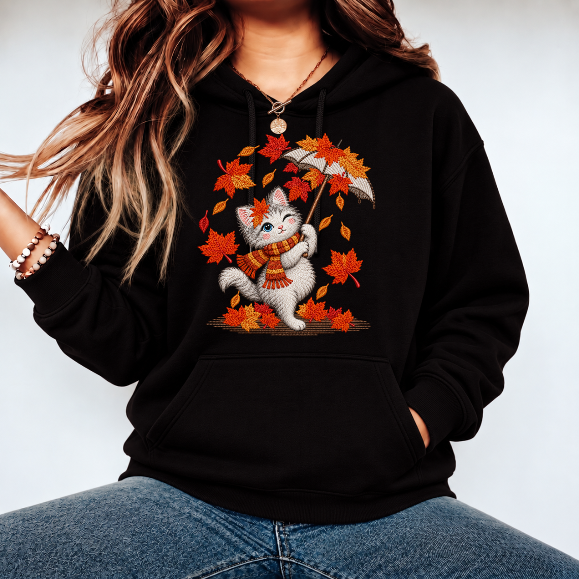 Cute Autumn Cat with Umbrella Embroidery Design