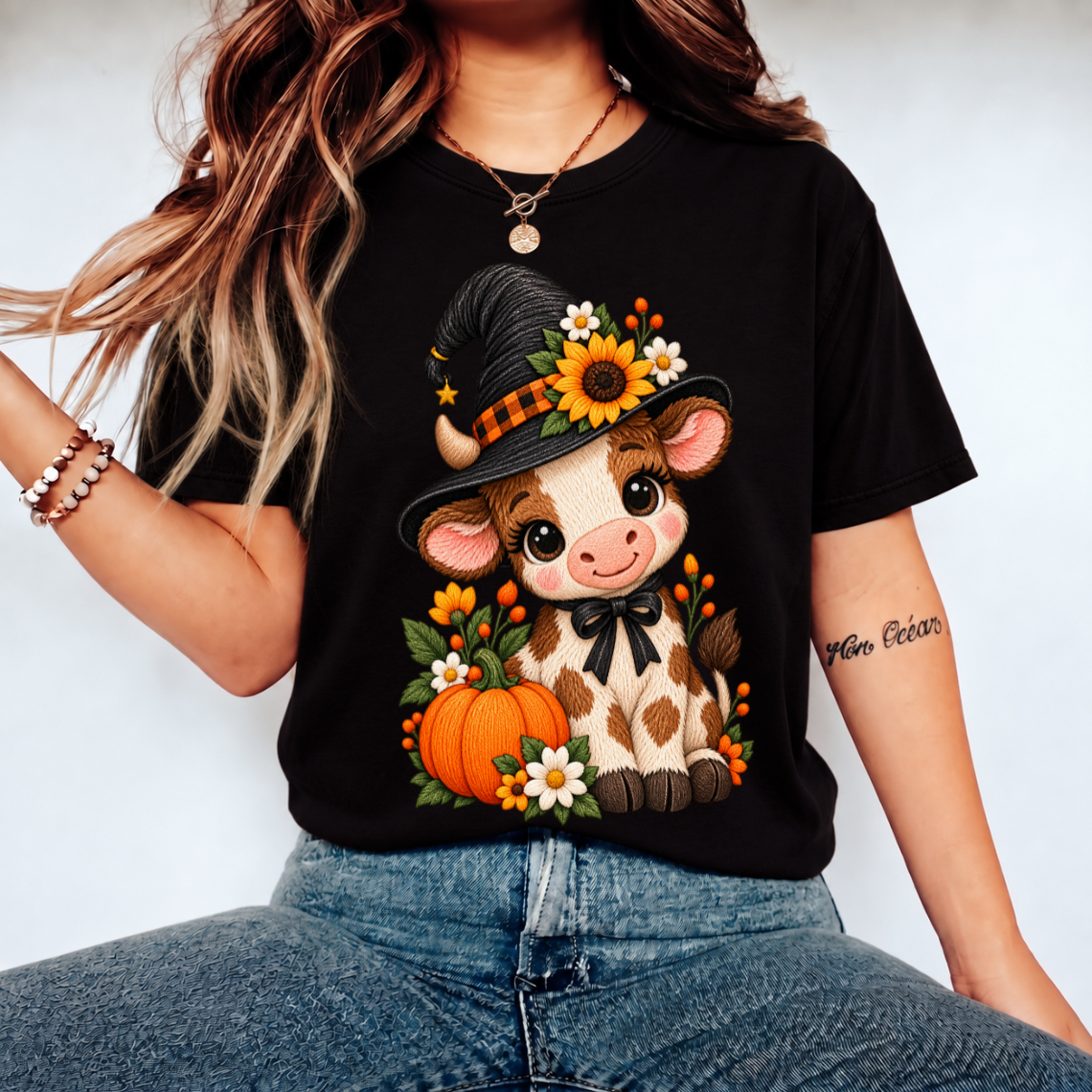 Cute Witch Cow with Sunflower and Pumpkin Halloween Embroidery Design