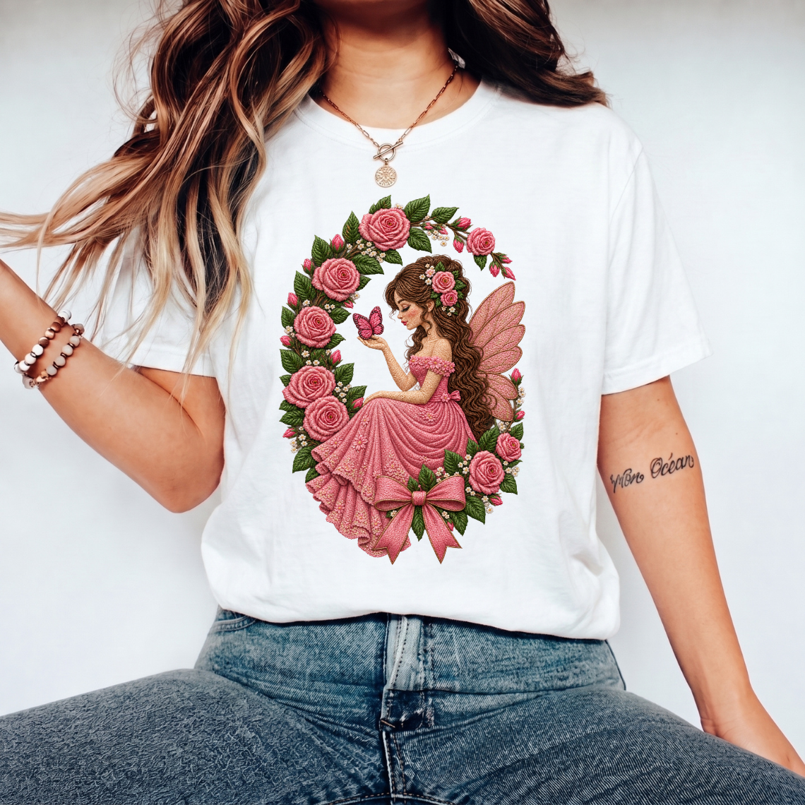 Pink Rose Fairy with Butterfly and Floral Wreath Embroidery Design