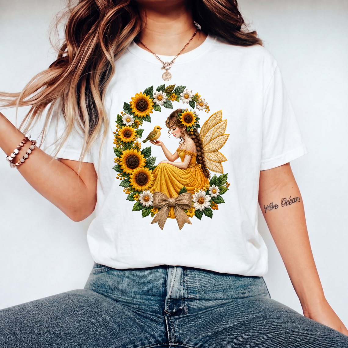 Sunflower Fairy with Bird and Floral Wreath Embroidery Design