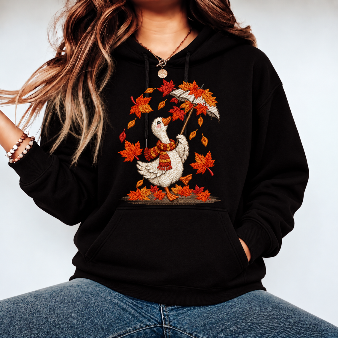 Autumn Duck with Umbrella Embroidery Design